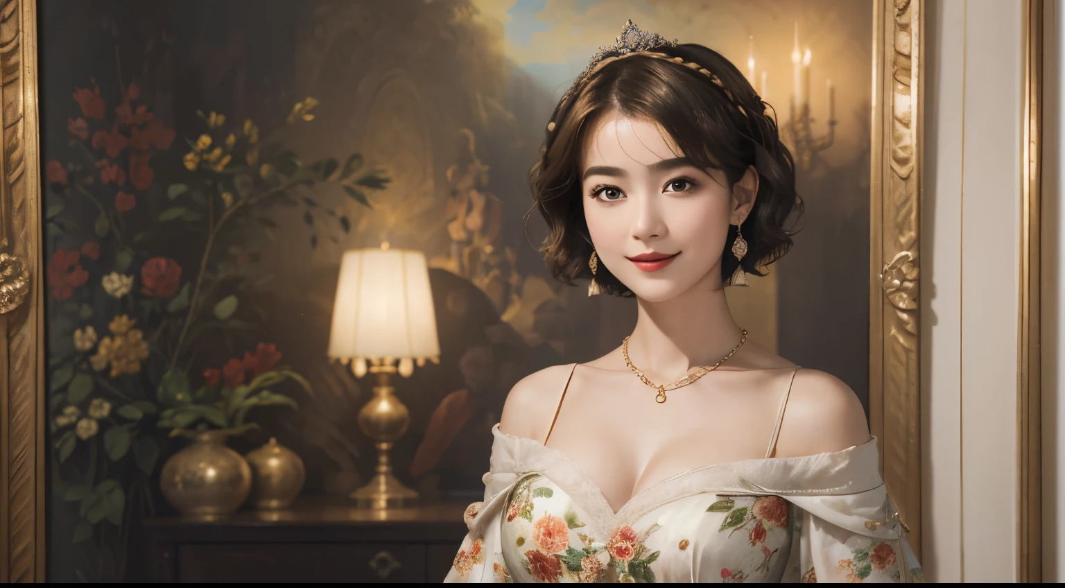 140
(a 20 yo woman,in the palace), (A hyper-realistic), (high-level image quality), ((beautiful hairstyle 46)), ((short-hair:1.46)), (kindly smile), (breasted:1.46), (lipsticks), (is wearing dress), (murky,wide,Luxurious room), (florals), (an oil painting、Rembrandt)