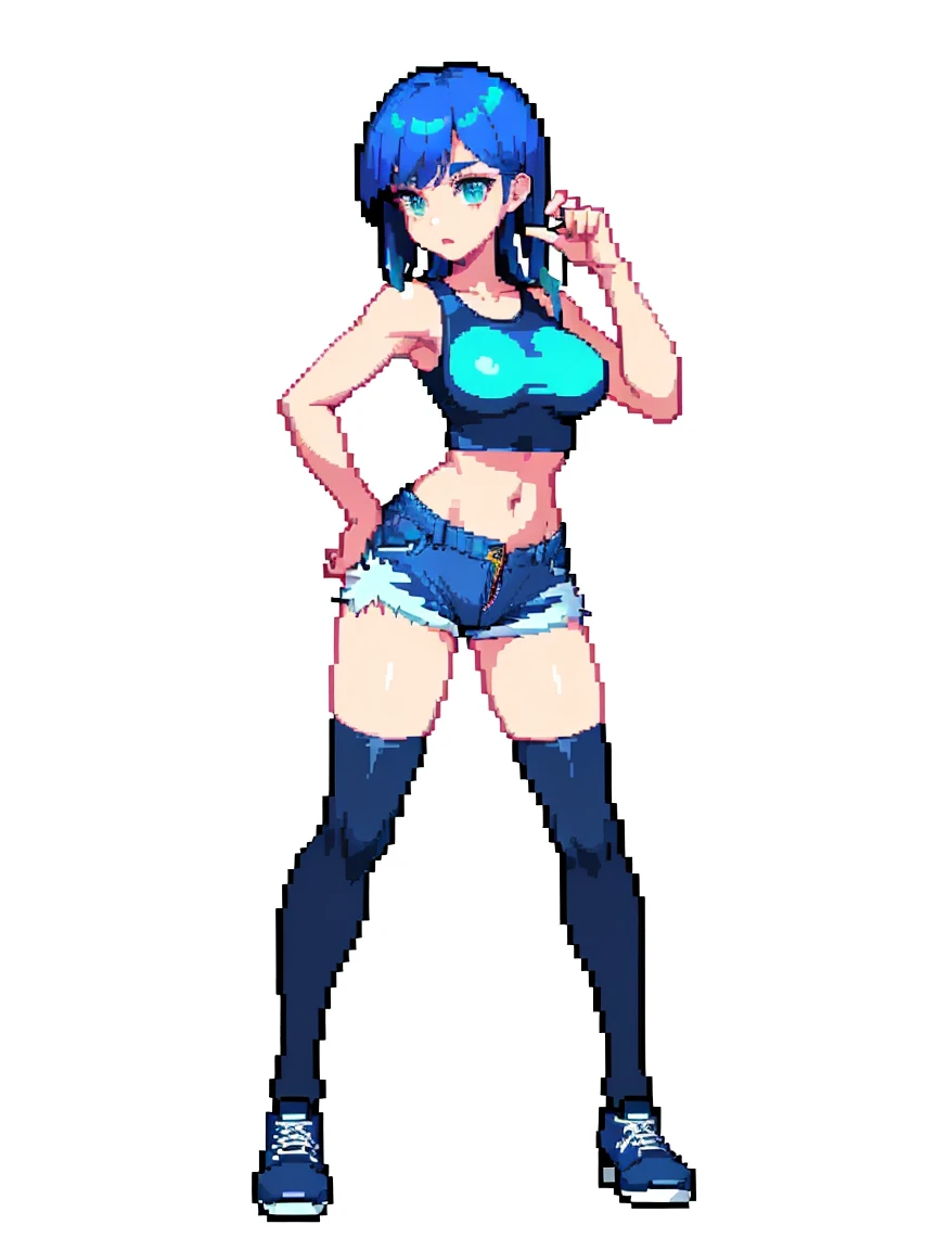 (masterpiece, top quality, best quality, less detail, 8-bit color), pixel,pixel art,1girl, fullbody, smack studio, separate body for edit, (denim shorts), (crop shirt), (covered nipples), (thighhighs), (shoes)