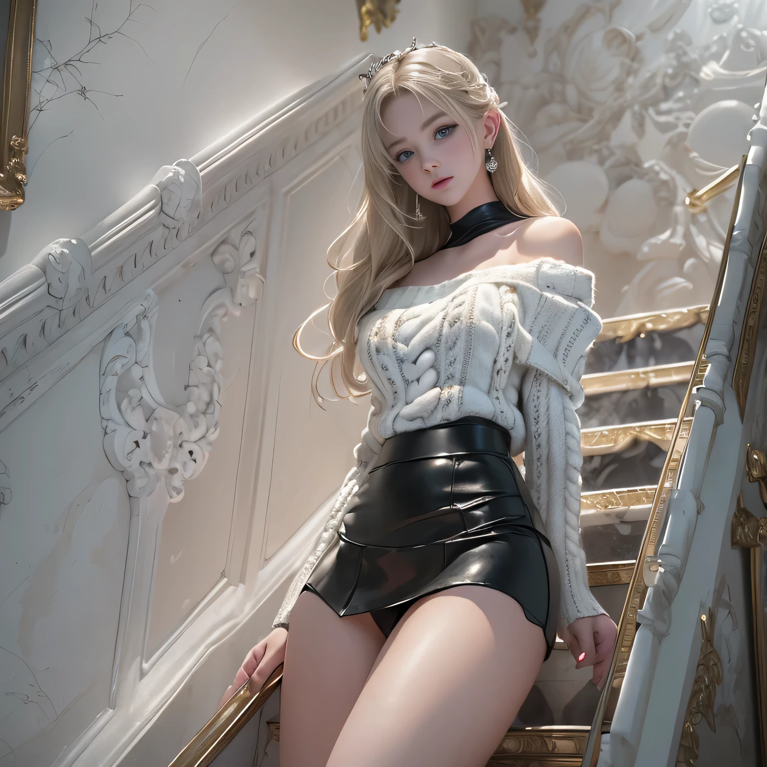 ((woman standing on stairs in office)),bright expression、Young shiny shiny white shiny skin、Best Look Rondo Reflective Light、Platinum blonde hair with dazzling highlights、shiny light hair,、Super long silky straight hair、Beautiful bangs that shine、（Glowing crystal clear attractive big blue eyes）、very beautiful lovely woman、(breasts of medium size,),Beautiful detailed eyes, beautiful detailed nose,(( Full Body Angle:1.5)),Makeup that the eyes emphasize、Royal style，Comic style, , Sub-surface scattering, ornate detail, nature backdrop, Supergianthugebreasts, ((Cinematic)), Dramatic Lighting, masutepiece、((Off-the-shoulder white hand-knitted sweater:1.4))、((Black Leather Mini Skirt)), ((Black Leather High Heel Boots)）、(White lace panties are visible)、1 girl in、Ultra realistic 8K CG, 絵のようにflawlessな顔, flawless, clean, masutepiece, Professional artwork, famousartwork, Perfect face, Beautiful face, beautiful lawless female body)), Solo,(Immersive atmosphere, Chiaroscuro:1.5,Bright light:1.2,Luminous lighting),(blush:0.5),fascinated expression,Extremely detailed_Eyes,thick thighs,Large,beautifullydetailedbackground,depth of fields,Realistic:1.3, , (ambient lights:1.3),(Cinematic composition:1.3),(Neon light:0.1),(nffsw:0.1),