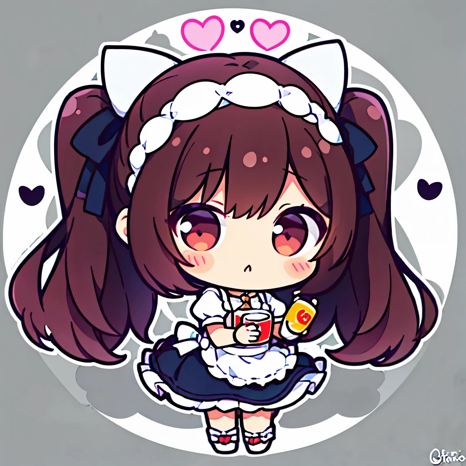 1girl, chibi, orejas de gato, beso, yuri, coffee mug, symmetrical pose, cola, frotar la cabeza, en taza, Speak heart, cabello largo y rosado, cabello color rosa, ojos morado