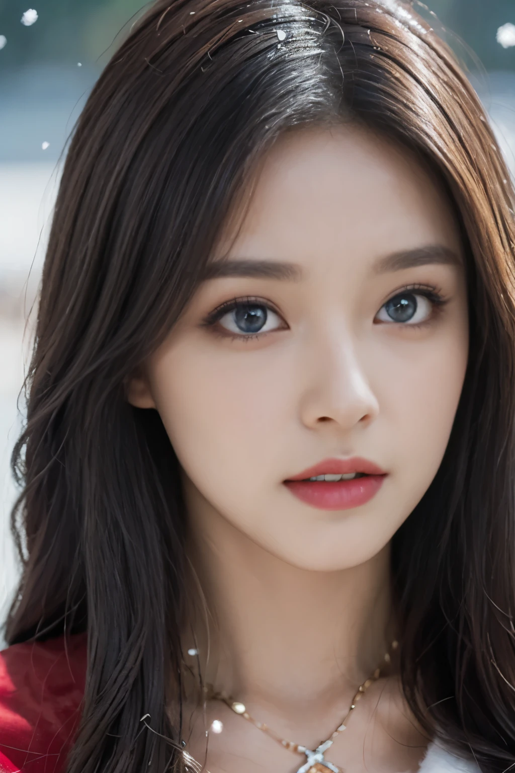 Top quality work,Photorealistic works,Ultra Premium Graphics,8K HD CG works,High-quality graphics,High-definition fine CG works,10x pixel,Ultra-fine details:1.1,Advanced technical details:1.1Photographically realistic, A high resolution ,Transparent hair,High Detail Hair(Premium Hair Detail:1.1)Clear eyes,Good looking double eyelids,Sharp eye makeup, Delicate makeup for eyelashes, Thin eyebrows, ultradetailed eyes,High Nose, lovely red lips, Rose cheeks, Face with delicate makeup , Pretty Face, A perfectly proportioned face,(Advanced facial details:1.1), Women's Artwork,full-body vieoddess of Dress,,amazing,Today's eyes are bright photorealistic, masterpiece, photorealistic, high resolution, soft light, hips up, (Lolita costume),Gorgeous costumeace the audience,(The upper part of the body,upper legeautidful eyes, Brown hair, ringed eyes, (outside,Heavy snowfall,Thick fur cape,Cover with snow),snowfield,Blue eyes