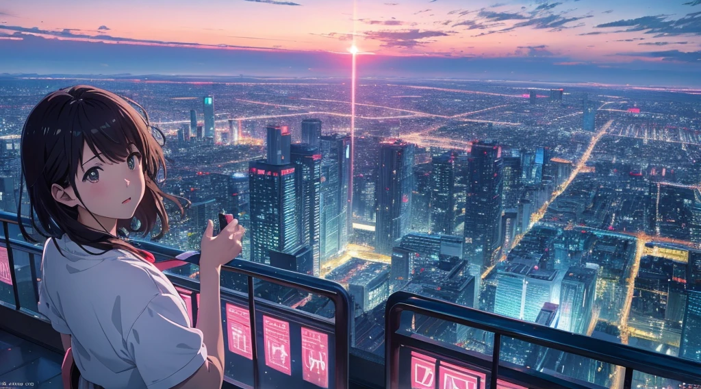 High resolution 8K, NSFW, Bright light illumination, Anime style, Film Portrait Photography, 1girl, Makoto Shinkai, Japanese anime style, pastel starlight, Tokyo city lights, 1girl, Ridiculous resolution, A high resolution, sunset sky, dramatic scene, (masterpiece:1.4), ultra - detailed, pink clouds, anime characters in a scene with a sky background, your name movie style, Stills in TV anime, Yourname,