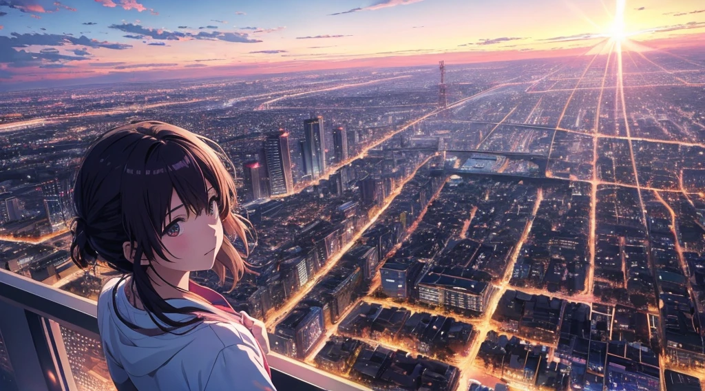 High resolution 8K, NSFW, Bright light illumination, Anime style, Film Portrait Photography, 1girl, Makoto Shinkai, Japanese anime style, pastel starlight, Tokyo city lights, 1girl, Ridiculous resolution, A high resolution, sunset sky, dramatic scene, (masterpiece:1.4), ultra - detailed, pink clouds, anime characters in a scene with a sky background, your name movie style, Stills in TV anime, Yourname,