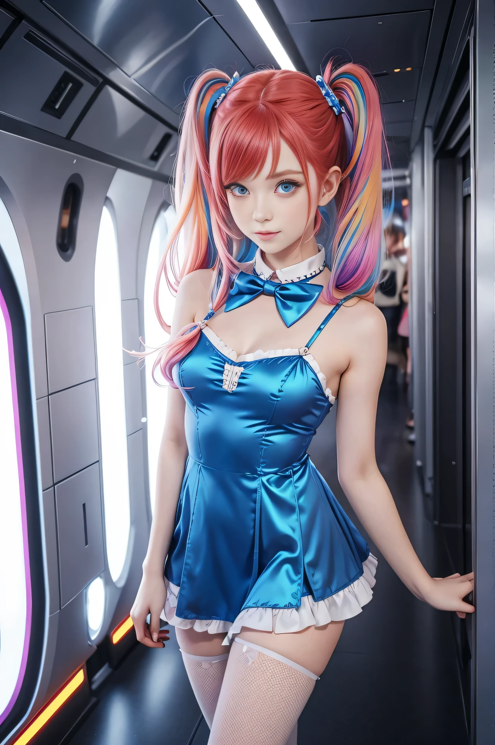Cute redhead with rainbow colored hair tips, ribbons in her hair, 18-year-old woman, happy, in twin tails, perfect eyes, clear sparkling blue eyes, pale skin, silky smooth skin, standing on a fancy metal luxurious space ship, futuristic corridor, dark warm lighting, wearing a futuristic party dress, pleated (chemise) mini dress (pastel rainbow colors, and polka dots), wearing full body pantyhose, cute short cut booties.