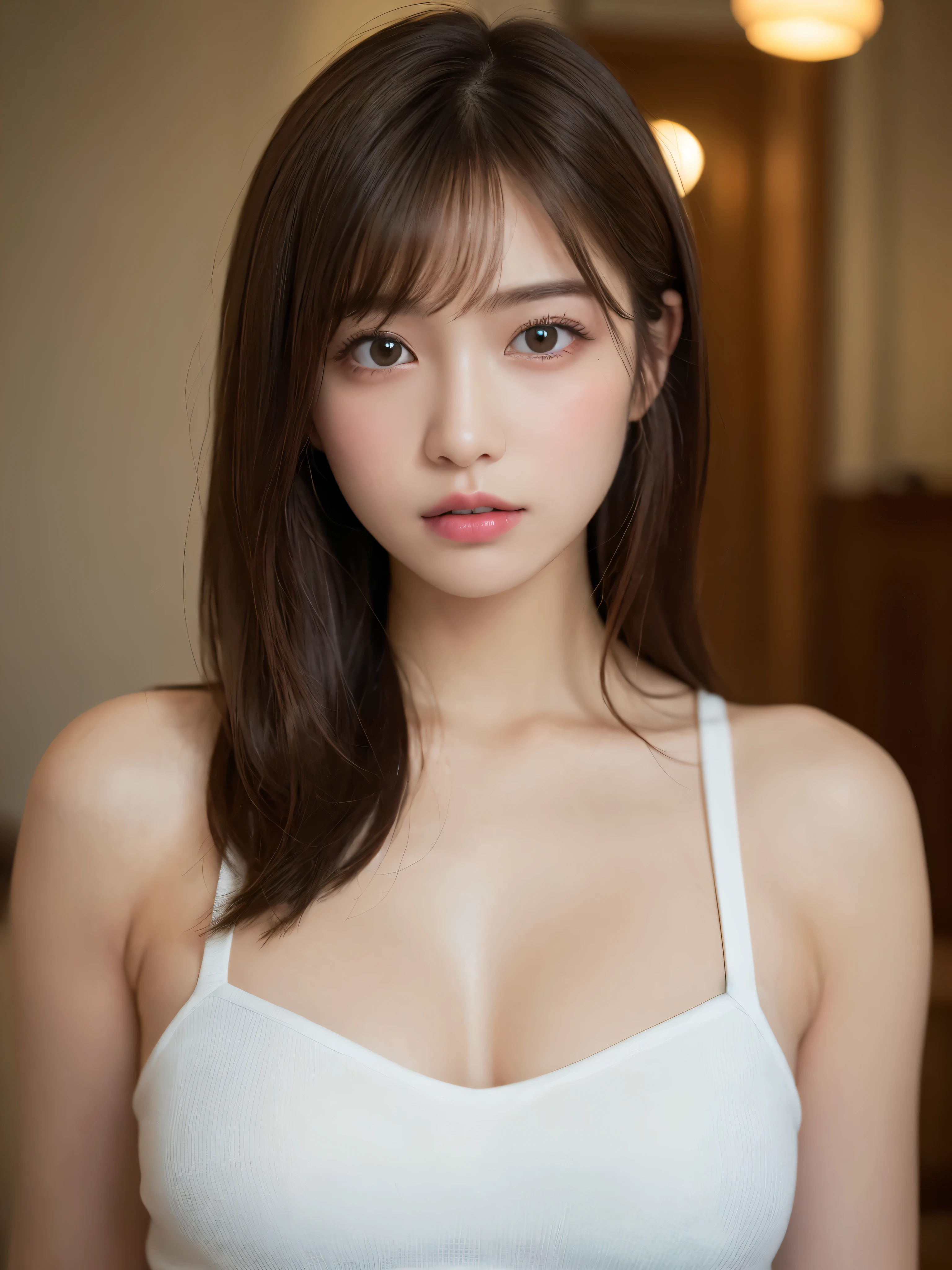 ((NSFW))、(masterpiece:1.5)、(8K)、(Photorealsitic:1.5)、Raw photography、(Top image quality:1.4)、(foco nítido:1.5)、 top-quality、masterpiece、超A high resolution、Photograph the whole body、Perfect dynamic composition、 22 years old、slender、Unwind in the living room、prety woman:1.4、serious facial expression、 Wearing a white leotard、 light brown hair、Hairstyle is straight long、Glowing hair、 Super Detail Face、A detailed eye、二重まぶた、 Natural Color Lip、Transparent skin、