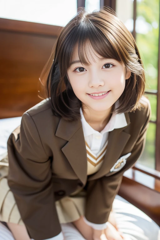 (((masterpiece))), (One beautiful Japan girl, classmates, Innocence,kawaii) ,超A high resolution, Realistic, ultra-detailliert, 8K,top-quality, Extremely detailed, Detailed background,A slender,very beautiful japanese girl, Detailed face:1.3), (a short bob,A dark-haired :1.4), (a baby face,kawaii系,adorable 14 year old girl), (Perfect body:1.1), (Brown blazer, Light brown pleated mini skirt), smiling mischievously,Show your beautiful teeth,Super Detailed Face、Detailed lips、A detailed eye、small gravure idol,Transparent skin、Lori,Japanese high school uniform with the school emblem on the chest,high-definition RAW color photography, professional photograpy, Extremely detailed,, amazing, finely detail, Huge file size, extremely detailed fingers, highly detailed nose, highly detail mouth, (bed), ((Full body shot)), (sleeping face down on a big bed),Focus on the buttocks,Perfect Anatomy, Photorealsitic,, Photography, Perfect Skin, Warm air,Expectations and worries about beautiful thighs,Hold your feet with both hands、Gorgeous hotel rooms