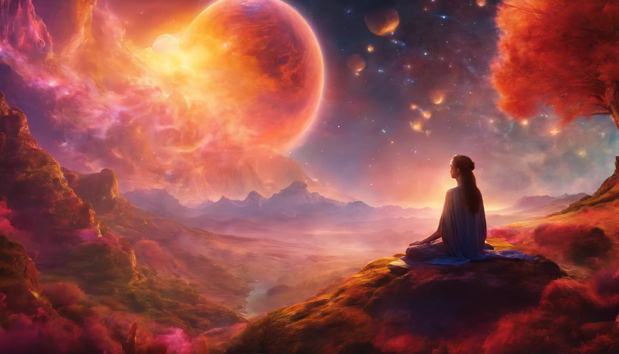 girl meditates，Close your eyes，3d world，earth, and the potential for interstellar learning.. 8K, horizontal format