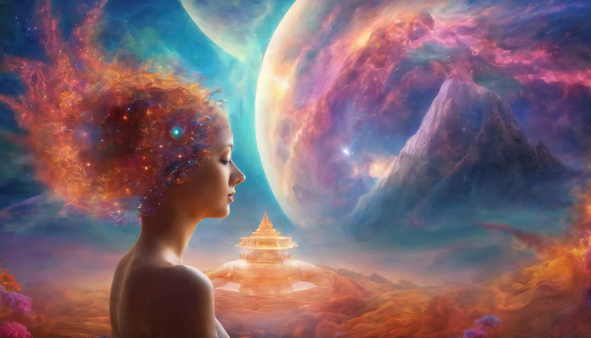 girl meditates,Close your eyes,3d world,earth, and the potential for interstellar learning.. 8K, horizontal format