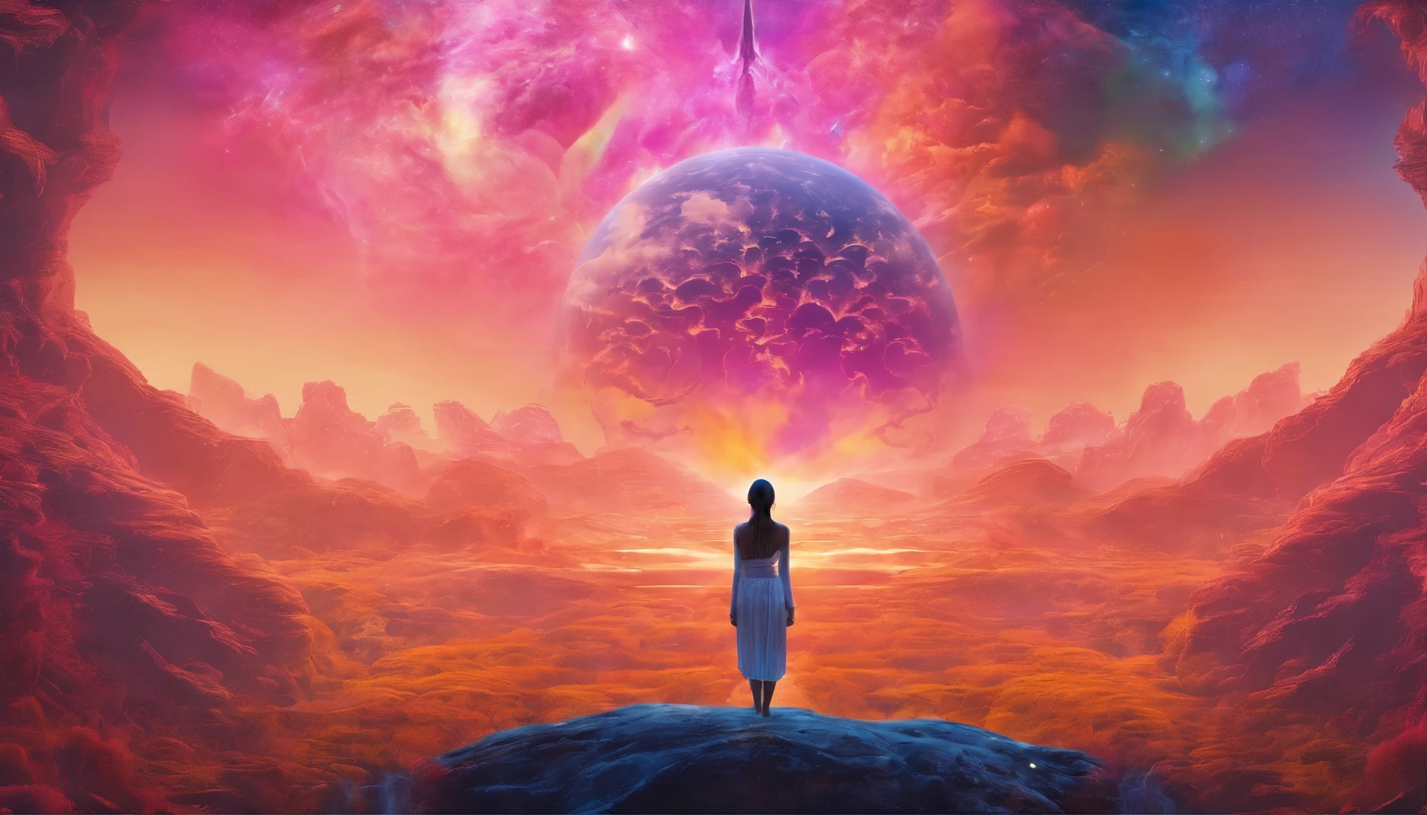 girl meditates,Close your eyes,3d world,earth, and the potential for interstellar learning.. 8K, horizontal format