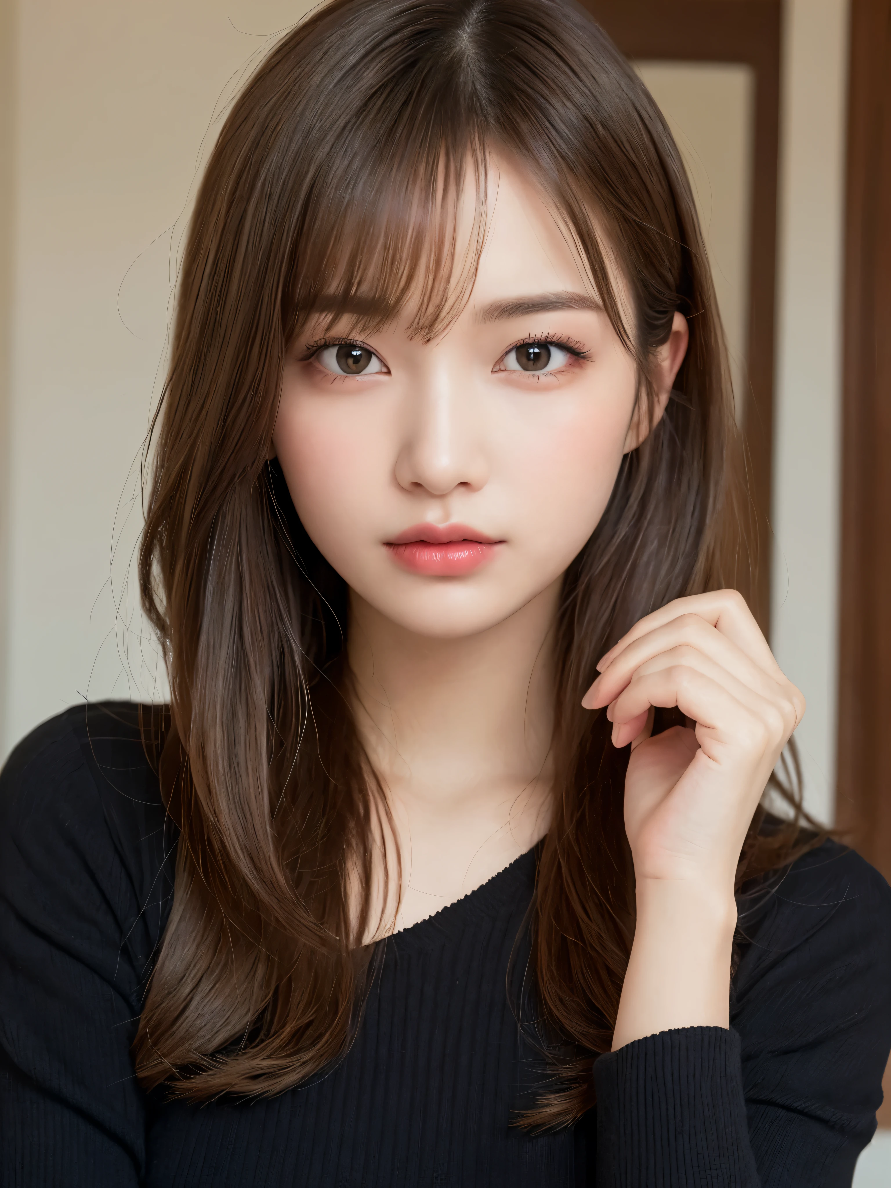 ((NSFW))、(​masterpiece:1.5)、(8K)、(Photorealsitic:1.5)、Raw photography、(Top image quality:1.4)、(foco nítido:1.5)、 top-quality、​masterpiece、超A high resolution、Photograph the whole body、Perfect dynamic composition、 22 years old、slender、Unwind in the living room、prety woman:1.4、serious facial expression、 wearing a black knit sweater、 light brown hair、Hairstyle is straight long、Glowing hair、 Super Detail Face、A detailed eye、二重まぶた、 Natural Color Lip、Transparent skin、