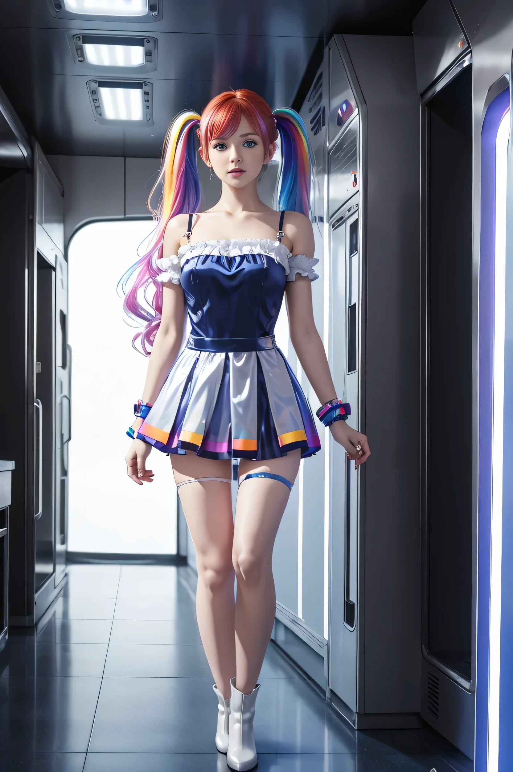 Cute redhead with rainbow colored hair tips, ribbons in her hair, 18-year-old woman, happy, in twin tails, perfect eyes, clear sparkling blue eyes, pale skin, silky smooth skin, standing on a fancy metal luxurious space ship, futuristic corridor, dark warm lighting, wearing a futuristic party dress, pleated (chemise) mini dress (pastel rainbow colors, and polka dots), wearing full body pantyhose, cute short cut booties.