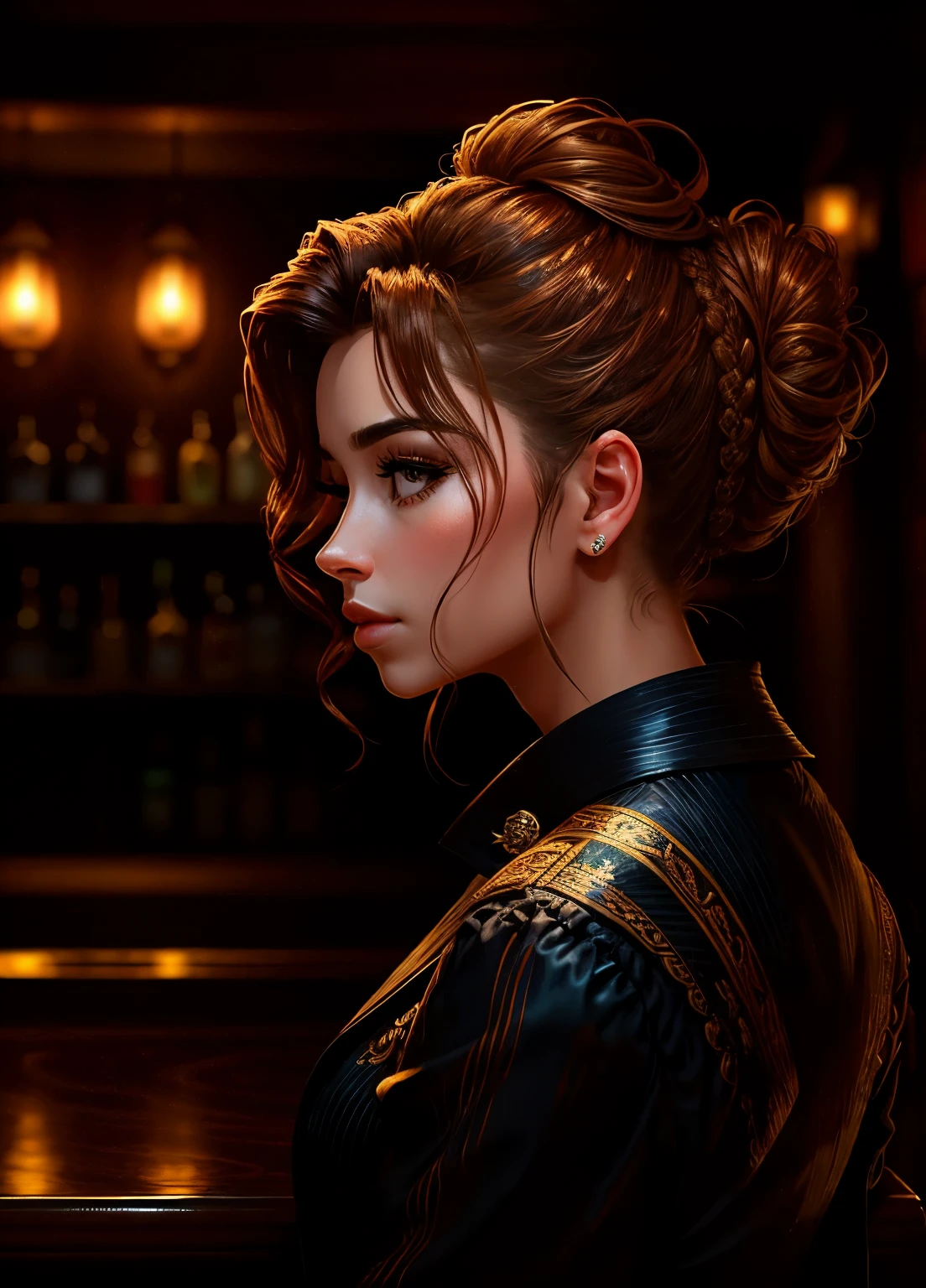 portrait photo of BrittBaker beautiful woman hair updo upsweep nightclub sitting at bar (masterpiece) (best quality) (detailed) (8k) (HDR) (wallpaper) (cinematic lighting) (sharp focus) (intricate)