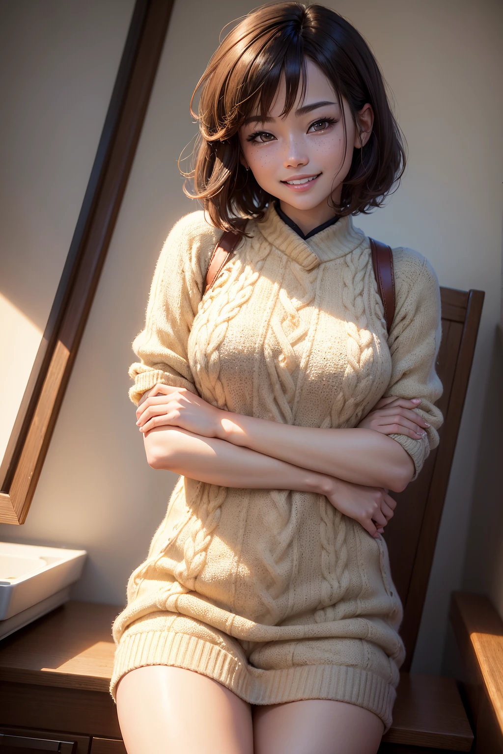 Best quality at best, hyper HD, (realisticlying:1.4),Sunset sun, 1 girl,,(grin face), freckle ,(brunette color hair, short detailed hair: 1.3), (realisticlying的皮肤), (Sweaters), detailed photograph, (sexy for), (filmgrain), low-contrast, facing at the camera, close up (tmasterpiece: 1.3), (8K, realisticlying, Best quality at best: 1.4), hoang lap, (Attractive), 超高分辨率, hyper realisitc.