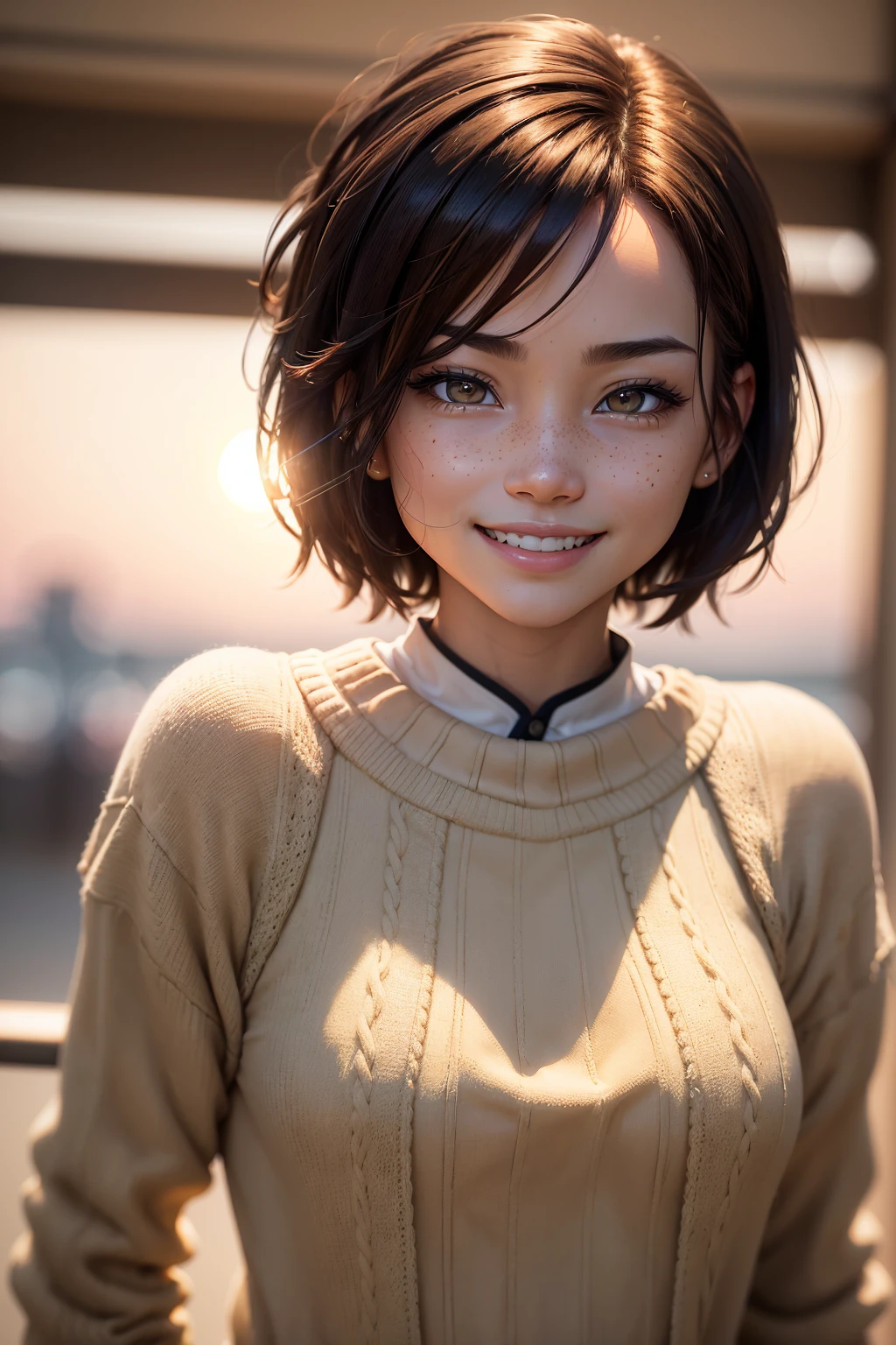 Best quality at best, hyper HD, (realisticlying:1.4),Sunset sun, 1 girl,,(grin face), freckle ,(brunette color hair, short detailed hair: 1.3), (realisticlying的皮肤), (Sweaters), detailed photograph, (sexy for), (filmgrain), low-contrast, facing at the camera, close up (tmasterpiece: 1.3), (8K, realisticlying, Best quality at best: 1.4), hoang lap, (Attractive), 超高分辨率, hyper realisitc.