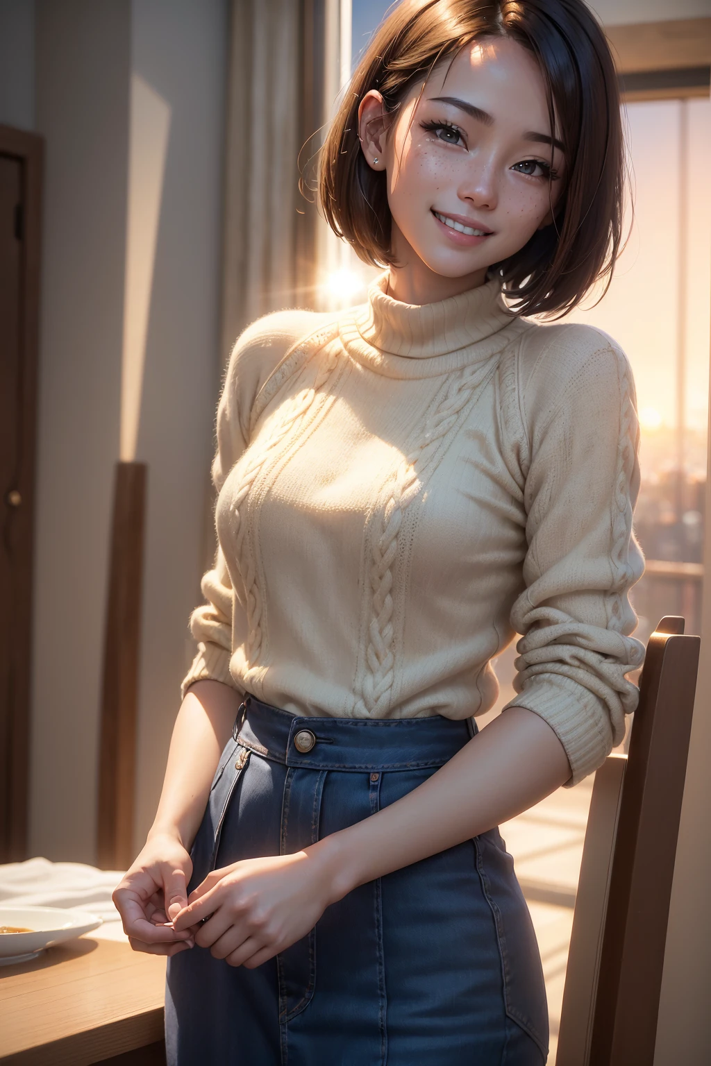Best quality at best, hyper HD, (realisticlying:1.4),Sunset sun, 1 girl,,(grin face), freckle ,(brunette color hair, short detailed hair: 1.3), (realisticlying的皮肤), (Sweaters), detailed photograph, (sexy for), (filmgrain), low-contrast, facing at the camera, close up (tmasterpiece: 1.3), (8K, realisticlying, Best quality at best: 1.4), hoang lap, (Attractive), 超高分辨率, hyper realisitc.