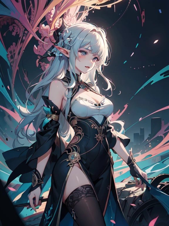 official art, unity 8k wallpaper, ultra detailed, beautiful and aesthetic, masterpiece, best quality, (zentangle, mandala, tangle, entangle), (fractal art:1.3) , (elf), 1girl, extremely detailed, dynamic angle, cowboyshot, the most beautiful form of chaos, elegant, a brutalist designed, vivid colours, romanticism, by Artgerm, Wadim kashin, Kawacy, atmospheric, ecstasy of musical notes, streaming musical notes visible