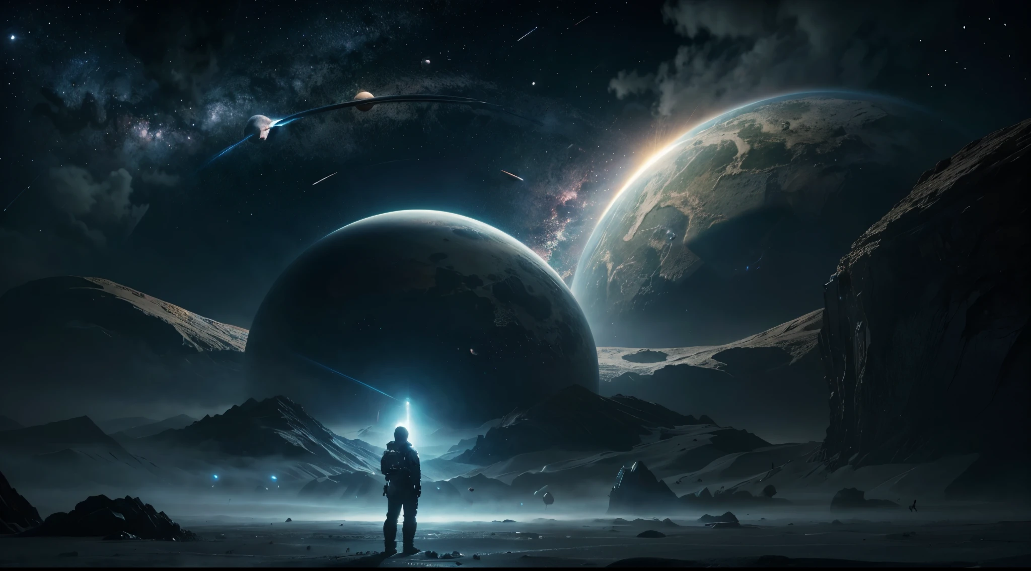 there is a man standing in a space with planets and planets, arte digital sci-fi illustration, surreal space, epic fantasy sci fi illustration, arte digital sci-fi, standing in outer space, staring into space, cosmos sem fim no fundo, sci fi epic digital art, sci-fi illustration, sci - fi illustration, digital concept art illustration
