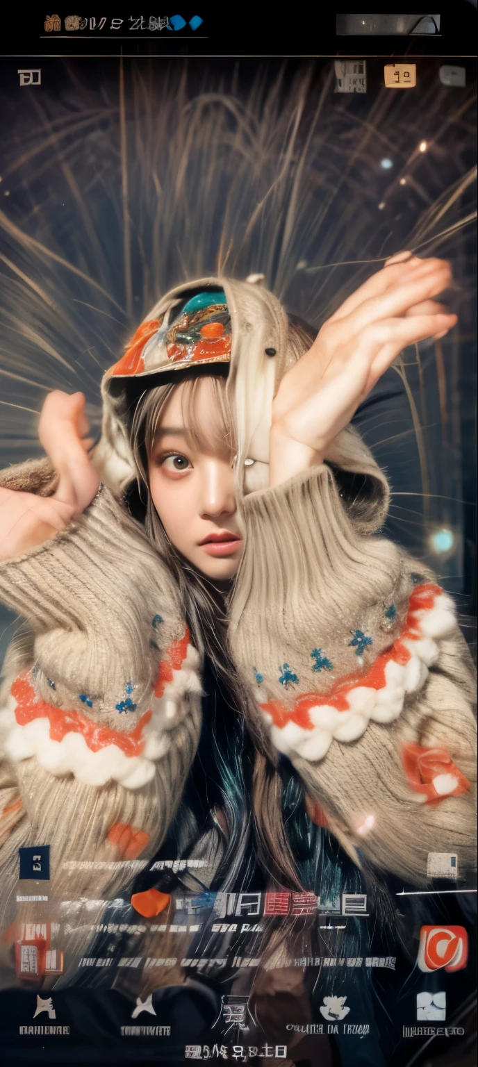 ​masterpiece、8K、32K、top-quality、(A detailed eye)、(A cute Japanese woman、bangss)、23years old、elegent、Christmas、Wearing a hood、Down jacket、Cheerful、heart