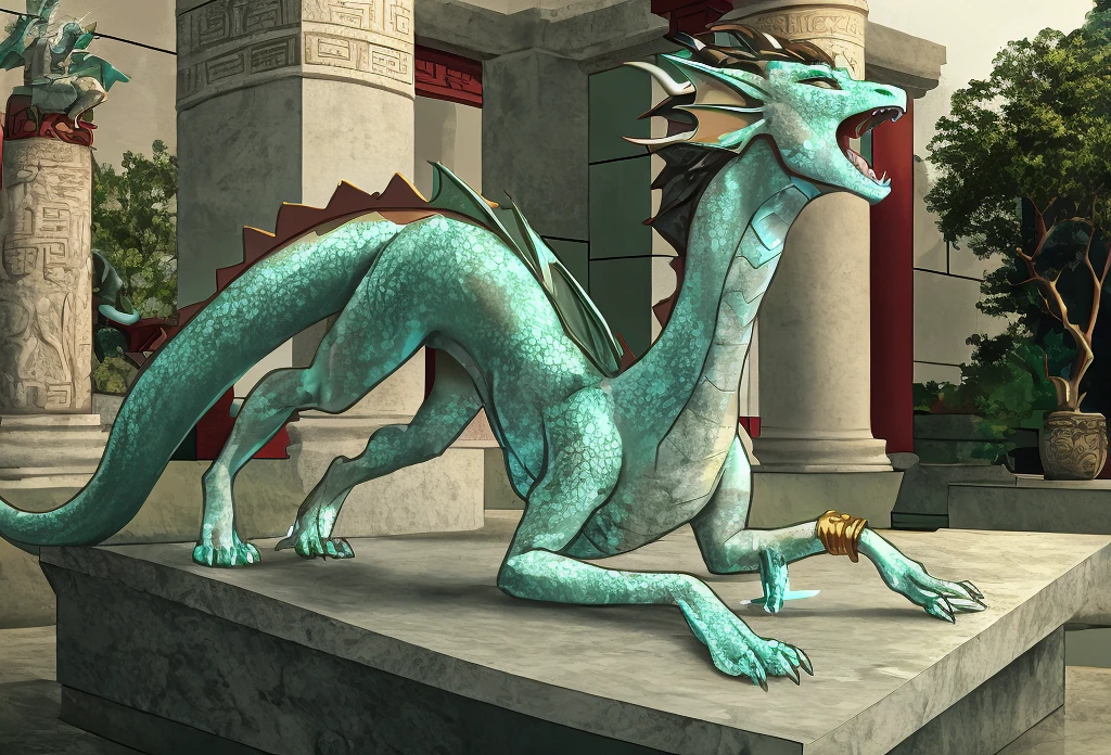 There is a terrified woman standing on all fours on a stone plinth outside of a forgotten asian temple, Her feet and hands are stuck to the plinth as they turn to jade stone, she morphs into an eastern dragon as her flesh petrifies into jade stone, human chinese dragon statue hybridization, HD, extreme detail, photorealistic, marble, long body, long neck, long tail
