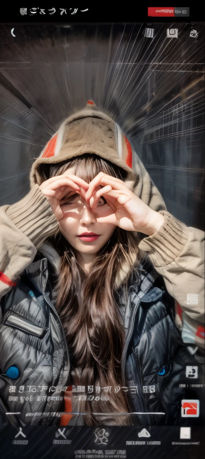 masterpiece、8K、32K、top-quality、(A detailed eye)、(A cute Japanese woman、bangss)、23years old、elegent、Christmas、Wearing a hood、Down jacket、Cheerful、heart