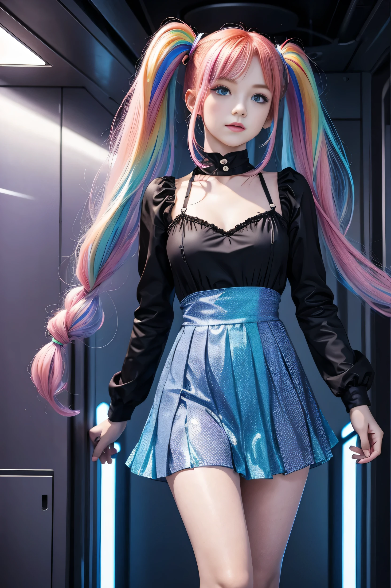 Cute redhead with rainbow colored hair tips, ribbons in her hair, 18-year-old woman, happy, in twin tails, perfect eyes, clear sparkling blue eyes, pale skin, silky smooth skin, standing on a fancy metal luxurious space ship, futuristic corridor, dark warm lighting, wearing a futuristic party dress, pleated (chemise) mini dress (pastel rainbow colors, and polka dots), wearing full body pantyhose, cute short cut booties.