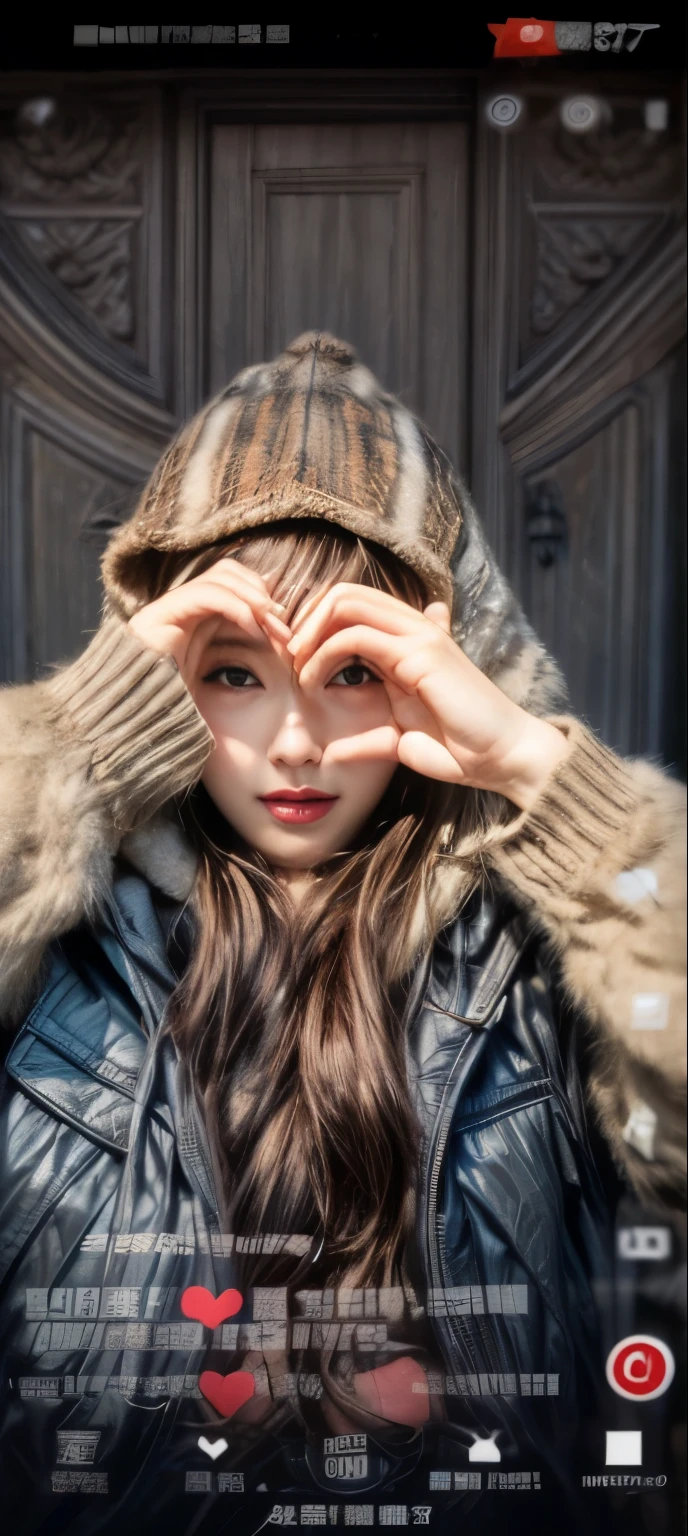 masterpiece、8K、32K、top-quality、(A detailed eye)、(A cute Japanese woman、bangss)、23years old、elegent、Christmas、Wearing a hood、Down jacket、Cheerful、heart