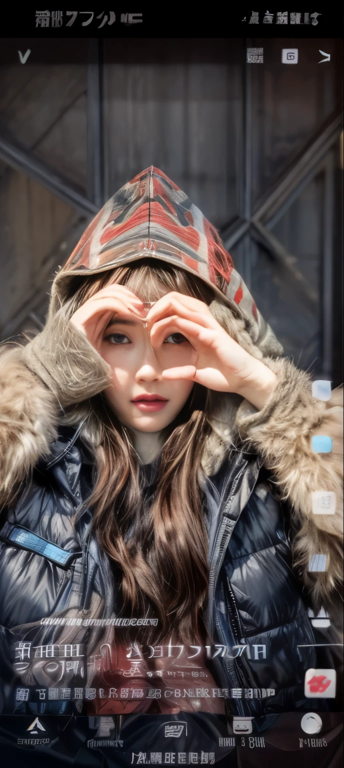 ​masterpiece、8K、32K、top-quality、(A detailed eye)、(A cute Japanese woman、bangss)、23years old、elegent、Christmas、Wearing a hood、Down jacket、Cheerful、heart