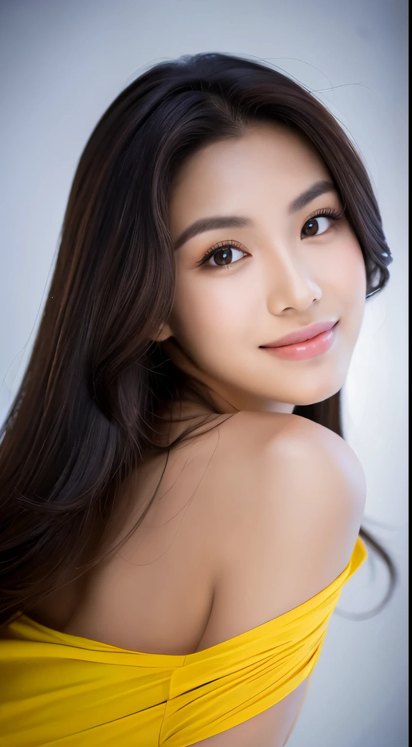 highest quality, epic realistic, ((portrait:1.5)),(background: white) high contrast ,glorious picture, lowest lux, lighting face, she's comfortable, wearing nothing, looks incredible, (8k, Raw photo, Highest quality),(epic realistic:1.5), a woman, face,(detailed eyes:0.8),(looking at the camera:1.4), (Highest quality), ( high contrast, deep shadows),Intricate details,cinematic,((skin:1.4)), (long dark hair:1.3), long hair, messy ,(Hdr:1.5),Detailed, colors, Superior quality, Masterpiece, Raw Photo (20-year-old, looking at viewer), beautiful, (wearing plain yellow shirt,), perfect, natural, perfect composition, portrait, perfect face, smiling expression, Captivating eyes, Bright details, Tight lips, (High Skin Detail),, (blue tint: 0.6), (sale: 0.8), (bloody: 0.7), Key lighting , (backlight: 0.5), Medium depth of field, Canon 5d, 50mm lens, f/4 apertures, (Ultra-detailed, Complex detail), sharp focus, soft colors, 8k, Absurd, 80mm, white background, photography, smiling, pinay, filipina, large boobs, neon lights background, bokeh, wearing nothing, nudist