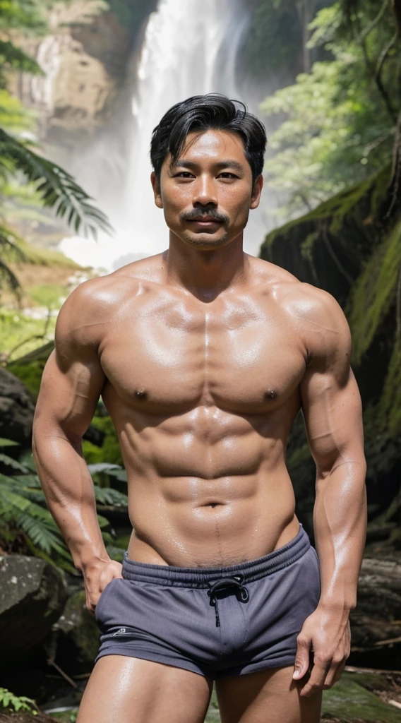 Middle-aged Korean man, 70 years old, brown eyes, dark eyebrows, mustache, long male beard, white hair, gray hair, hair parted in the middle, masculine lips, high nose, good figure, plump body, bear body, a little fat, big muscles, has upper muscles....Good muscles, arm muscles, leg muscles, big muscles, big and strong body. Big chest muscles, plump body, pink nipples, a bit of hair, wearing ManU footballer shorts, big middle......Pae Tung is the second largest. No clothes, extremely naked, chest hair, stomach hair, armpit hair, large bulges in underwear, realistic, high resolution. Standing at a forest waterfall The resolution of arms and legs, white skin, plump skin, skin wet with sweat, large and plump muscles. Face resolution, Gong Yoo, handsome man, short hair, portrait, Gong Yoo, high resolution 50k, camera photo, eyes looking at the camera, man, Gong Yoo..... Handsome, big muscles, six pack, handsome...... Age 70, like the real Gong Yoo, middle-aged man, big muscles, plump, plump body, gray hair, white, white mustache.