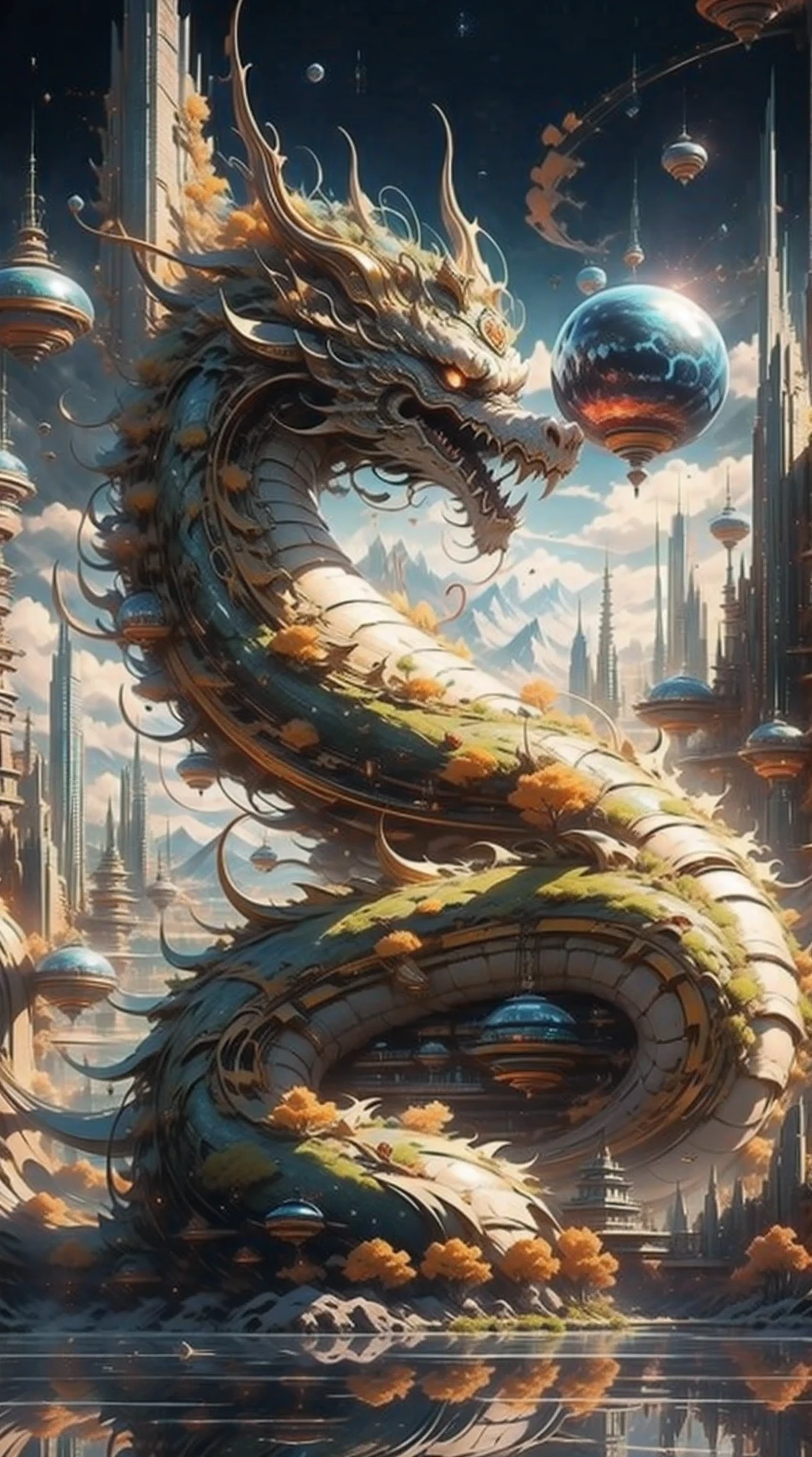 In the ancient mysterious mythology of Eastern China，Dragon in the modern city of the future，The dragon and the building cover each other，Sky spaceship，Planes，Space Planet，Mountains and rivers filled with smoke，golds峰如山，Auspicious clouds on the mountain，Yunshan Piccolo is an advanced sci-fi future modern city，Lunar New Year，Reflection in the water，Brilliant and mysterious，golds光，The composition is full，Tech sci-fi，Bokeh engine，golds，tmasterpiece，tmasterpiece，Created，high-definition picture quality，