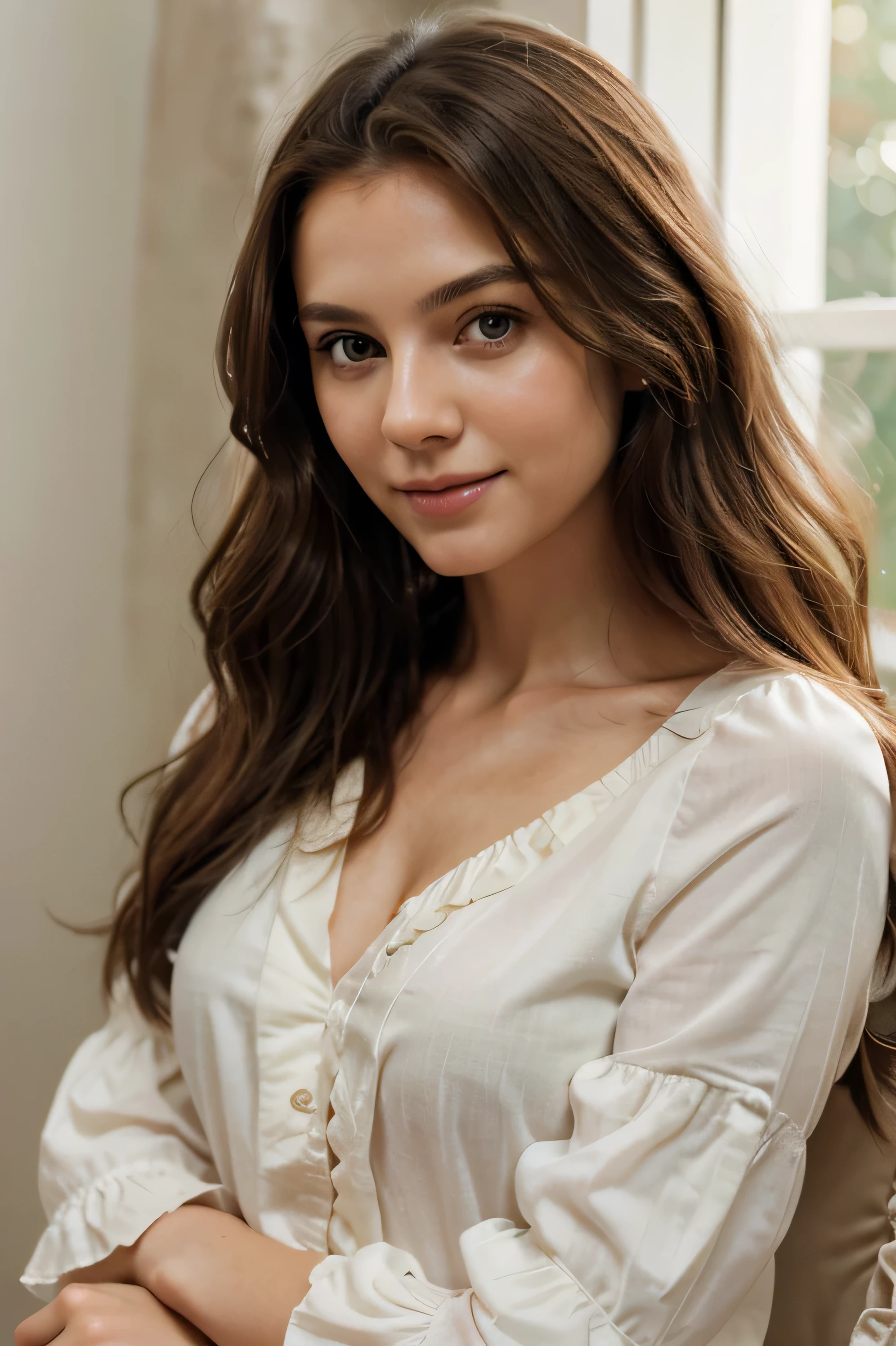 A image ultrarealistic, photographic of a woman, very elegant, with an intelligent look, with a slight smile on the corner of her mouth, with her arms crossed, looking straight ahead. The stoned red background.