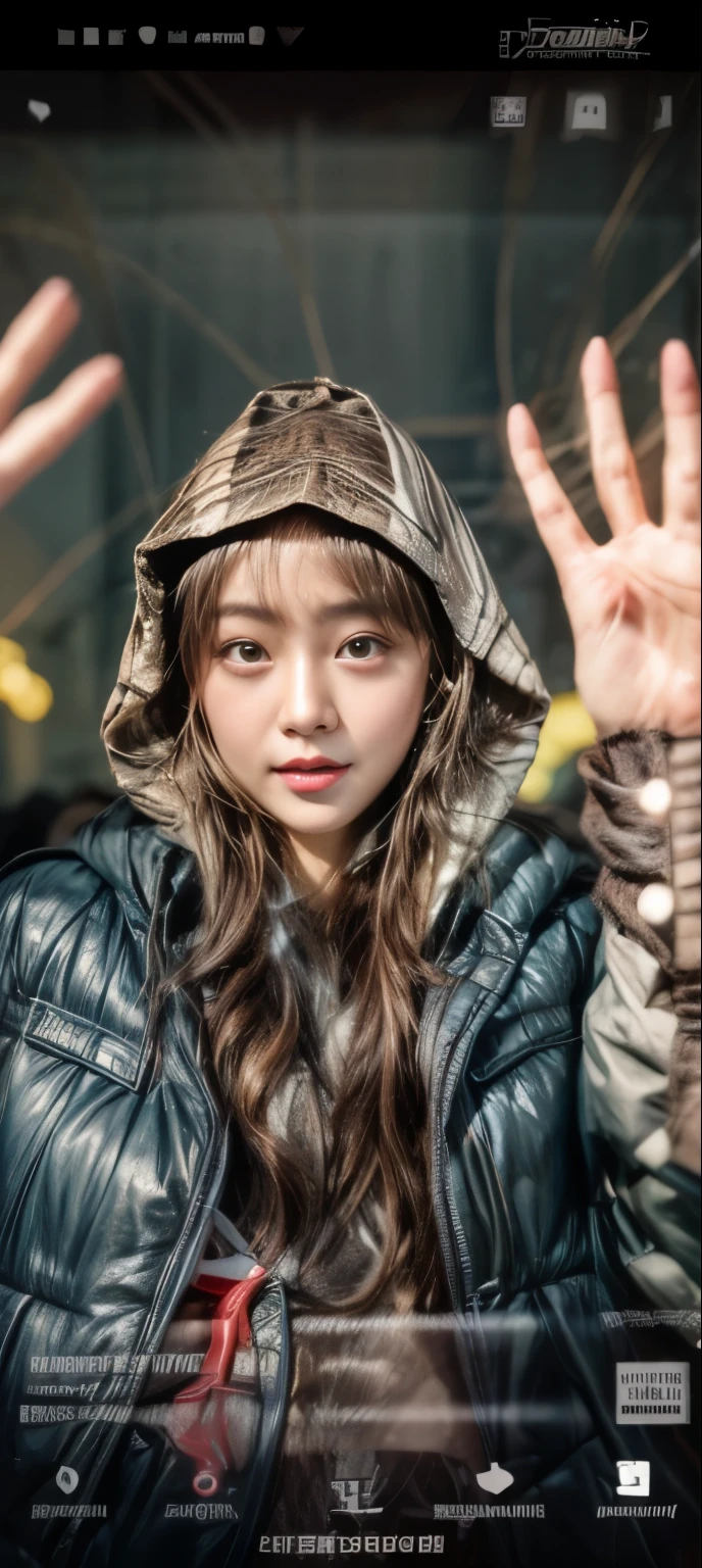 ​masterpiece、8K、32K、top-quality、(A detailed eye)、(A cute Japanese woman、bangss)、23years old、elegent、Christmas、Wearing a hood、Down jacket、Cheerful