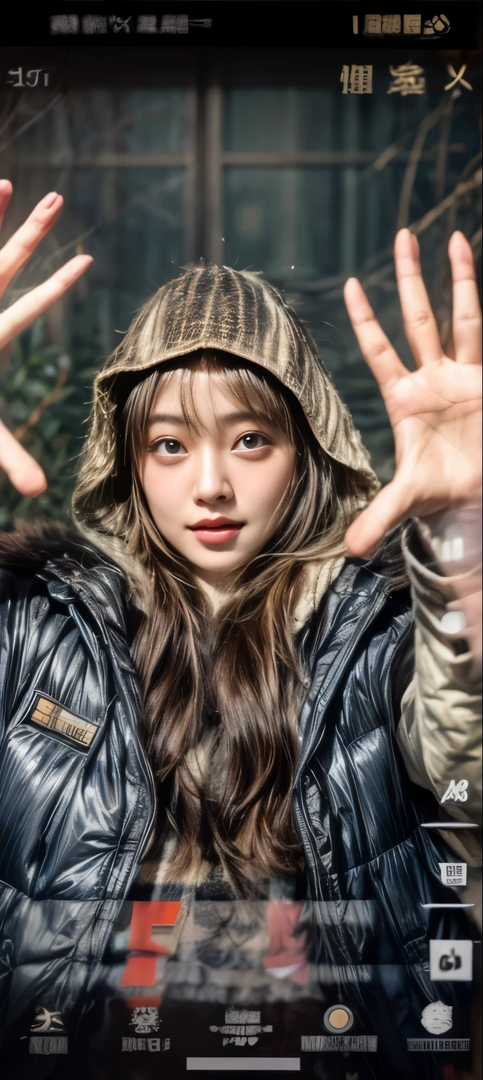 masterpiece、8K、32K、top-quality、(A detailed eye)、(A cute Japanese woman、bangss)、23years old、elegent、Christmas、Wearing a hood、Down jacket、Cheerful