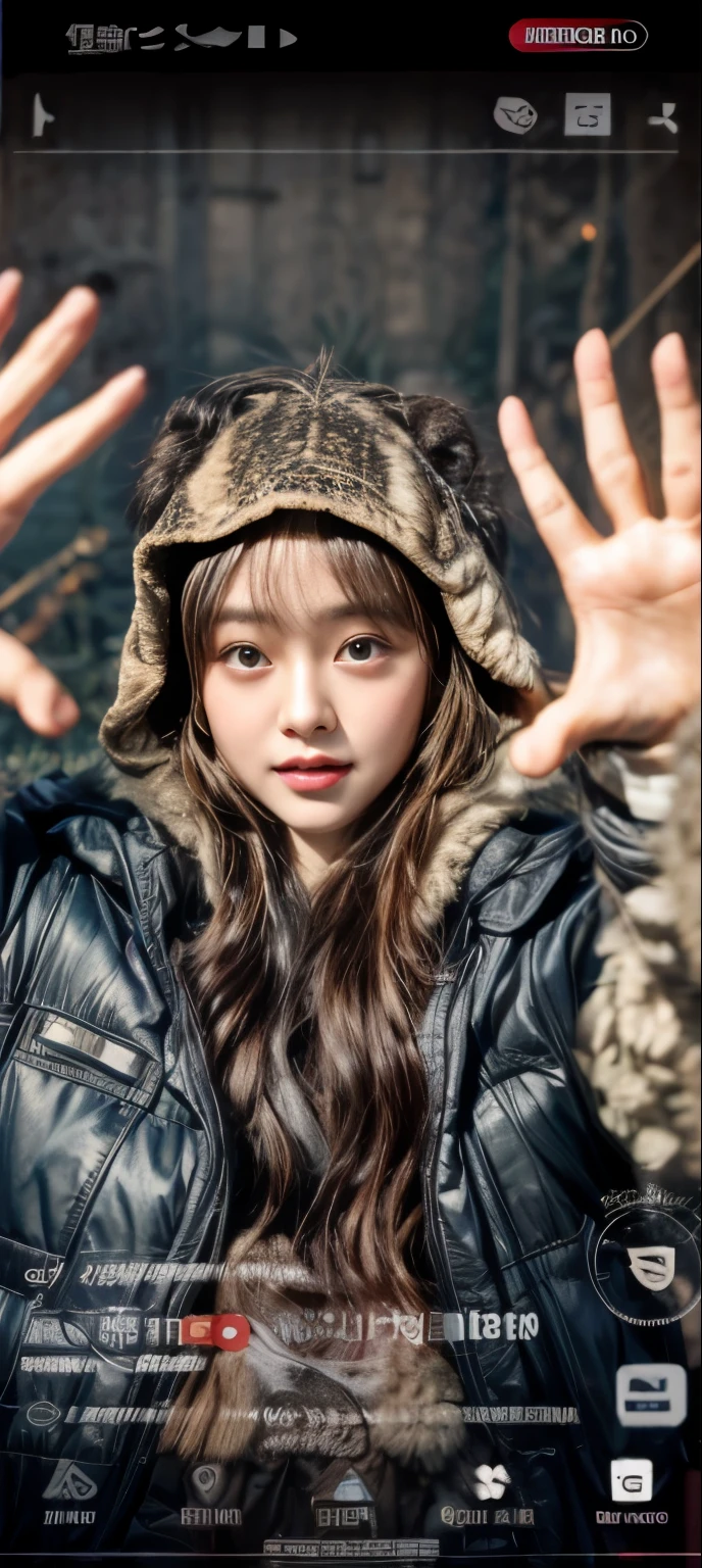 masterpiece、8K、32K、top-quality、(A detailed eye)、(A cute Japanese woman、bangss)、23years old、elegent、Christmas、Wearing a hood、Down jacket、Cheerful
