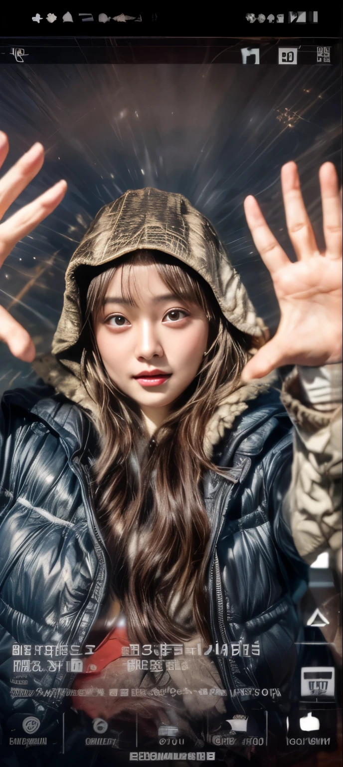 masterpiece、8K、32K、top-quality、(A detailed eye)、(A cute Japanese woman、bangss)、23years old、elegent、Christmas、Wearing a hood、Down jacket、Cheerful