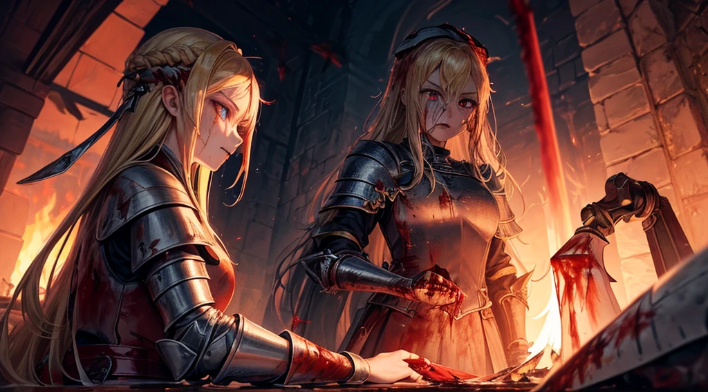masterpiece,best quality,ultra detailed,1Female Knight,upper body shot,look at viewer,The fire sword,blonde hair,long hair,blue eye,straight hair,(ThunderStorm:1,5),darksouls,(fire:1.4),(Rainy:0.8),((blood dripping from mouth:1.1)),(((profuse bleeding:1.5))),ruins,zombie