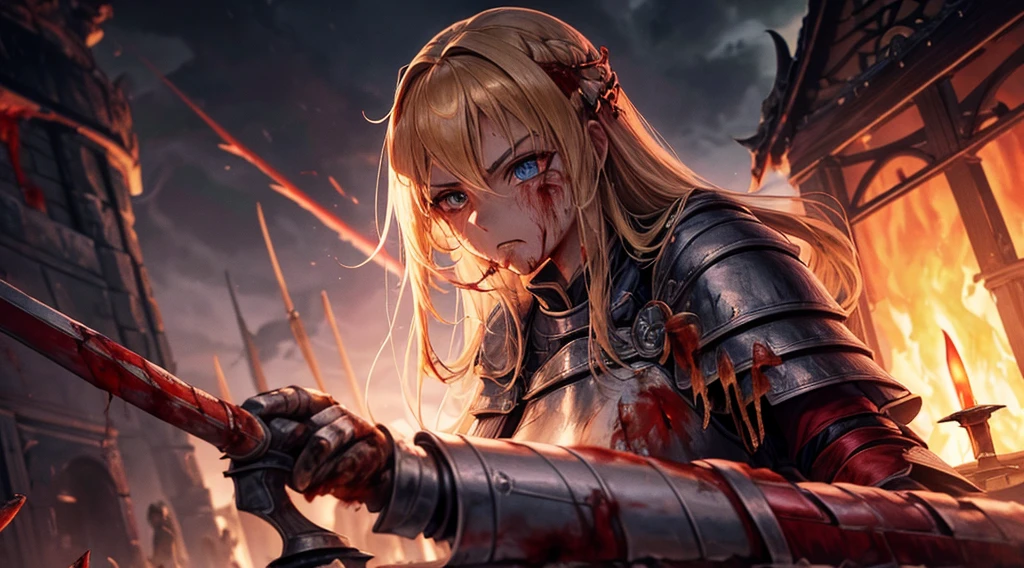 masterpiece,best quality,ultra detailed,1Female Knight,upper body shot,look at viewer,The fire sword,blonde hair,long hair,blue eye,straight hair,(ThunderStorm:1,5),darksouls,(fire:1.4),(Rainy:0.8),((blood dripping from mouth:1.0)),(((profuse bleeding:1.5))),(finish off)