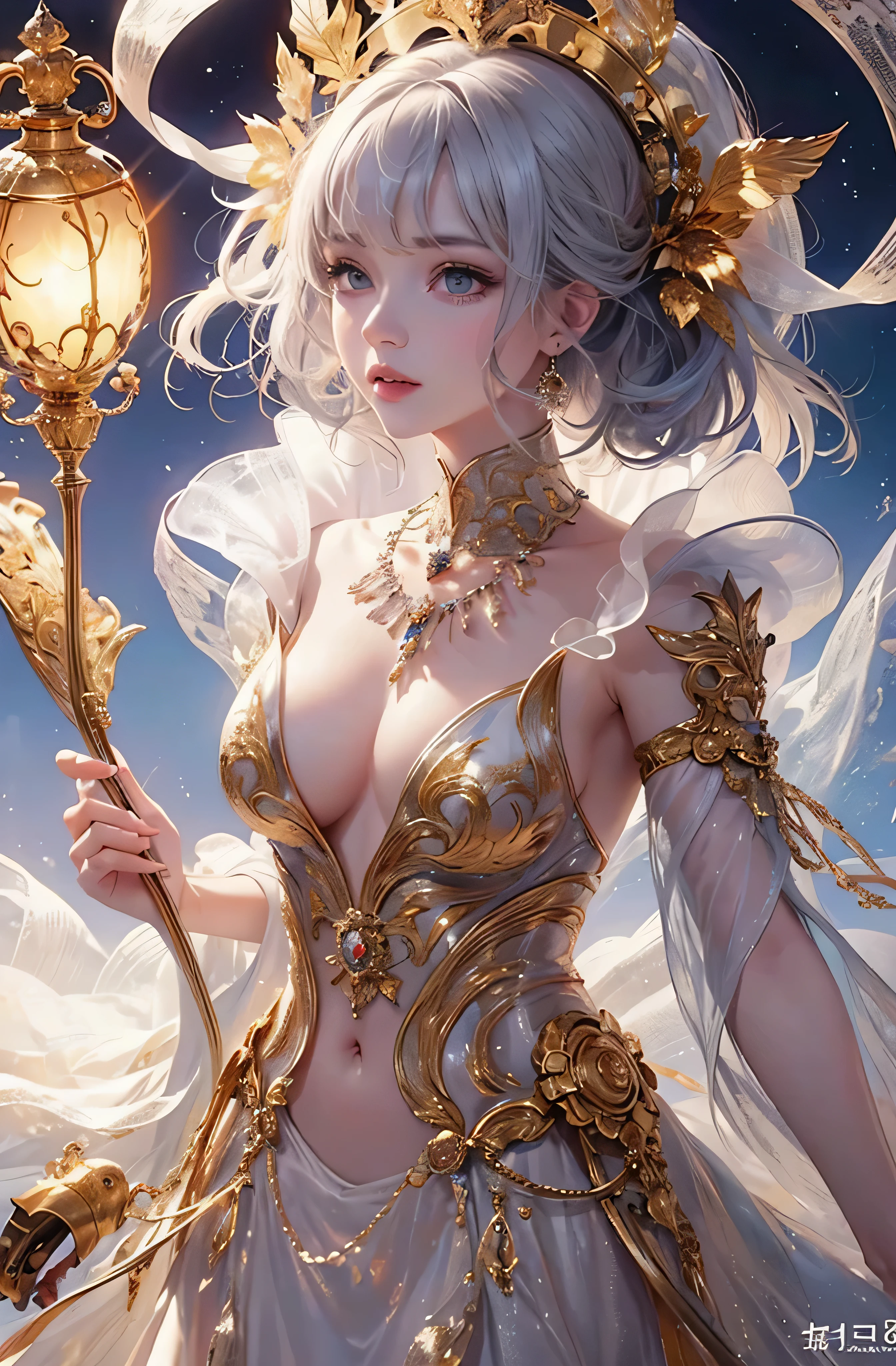 profile、8K、realphoto、超A high resolution, Master Parts, Best Quality, nffsw , cinematic images,Lovely girl、ann、16 only、annグロサクソン、二重まぶた、drooing eyes、Very big eyes、Eyes purple、Dark eye shadow、The lips are very thin、The tip of the nose stretches beautifully........................................、the tip of the nose is small,,,,, ighly detailed , Silver hair、Straight short hair、ssmile、 Sweet look 、a very beautiful woman、legs are long、 Very clear shadows , jewely , A sexy , A detailed eye, very intricate, shiny skins , パーフェクトブリリannト, Perfect Lighting, Dramatic shadows、White tiara on head、Gold necklace around the neck、White aristocratic dress with gold embroidery、