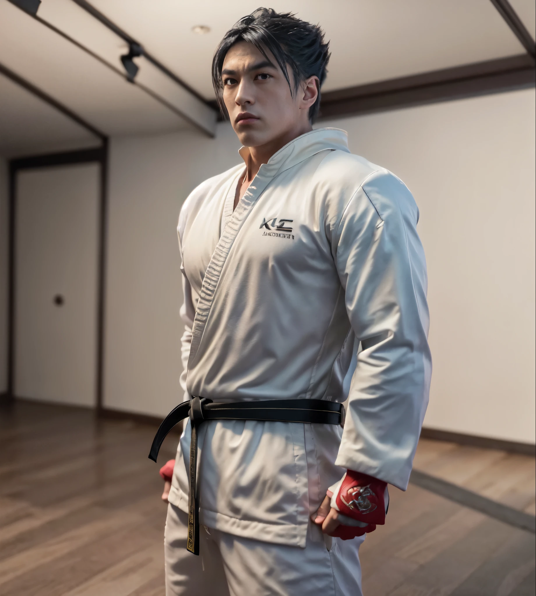 A photography realistic [ Jin kazama ], standing with karate pose, No cloth, hdr（HighDynamicRange）,Ray traching,NVIDIA RTX,Hyper-Resolution,Unreal 5,Subsurface scattering、PBR Texture、post-proces、Anisotropy Filtering、depth of fields、maximum definition and sharpness、Many-Layer Textures、、Surface coloring、Accurate simulation octane rendering of light-material interactions、Two-colored light、largeaperture、Low ISO、White balance、the rule of thirds、8K raw data,  hyper realistic