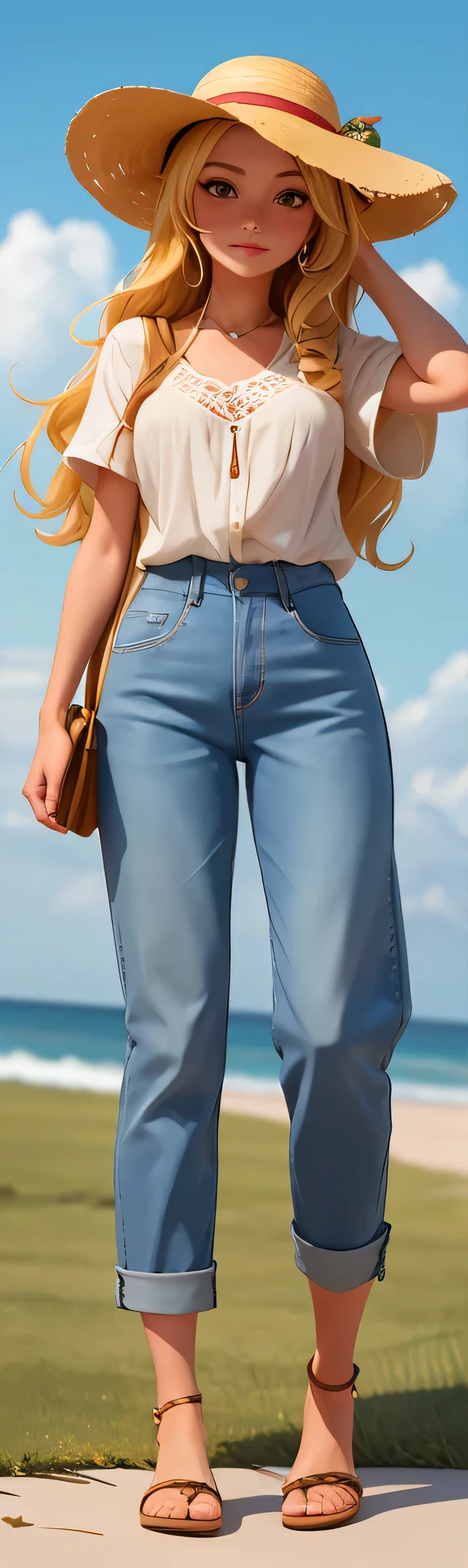 A woman is,Stood up,Long blonde hair, wavy roll,Denim trousers,short- sleeved,夏季short- sleeved,Outdoor gear,Outdoor gear,头戴straw hat,straw hat