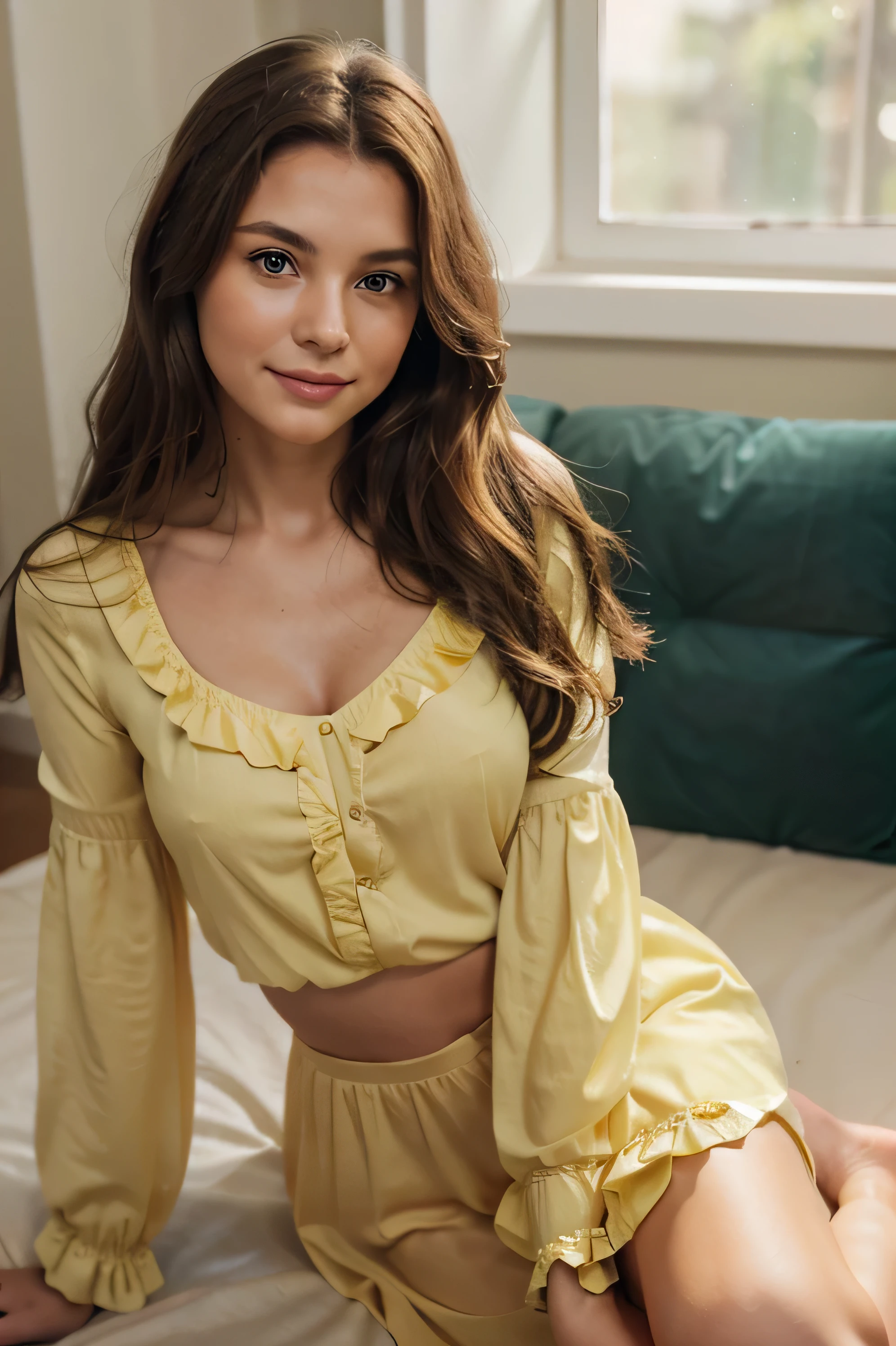 A realistic half-body portrait of a woman, A woman with long wavy brown hair, green eyes, and a gentle smile, wearing a yellow blouse with ruffled sleeves, The setting is a bright, minimalist studio with soft natural lighting, The atmosphere is serene and intimate, capturing the woman's warm and approachable demeanor, Photography, A high-resolution DSLR camera with a soft focus lens to enhance the intimate feel,
