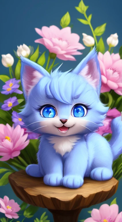 kitten with a small tail, a small nose, small ears, Blue eyes, Blue background, Flowers, vases, Dreams, Open mouth, Smile, Caroline Chariot Diez Pastel, Tumbler, furry art, elokitty, Disney's Bambicat, Stylized furs in Disney, ears falling floating, Fluffy tail, Fluffy '', Fluffy !!!, High resolution, furry art!!!