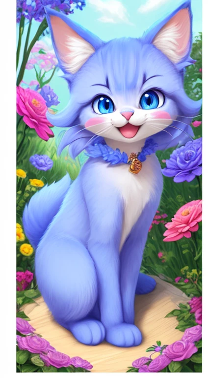 kitten with a small tail, a small nose, small ears, Blue eyes, Blue background, Flowers, vases, Dreams, Open mouth, Smile, Caroline Chariot Diez Pastel, Tumbler, furry art, elokitty, Disney's Bambicat, Stylized furs in Disney, ears falling floating, Fluffy tail, Fluffy '', Fluffy !!!, High resolution, furry art!!!
