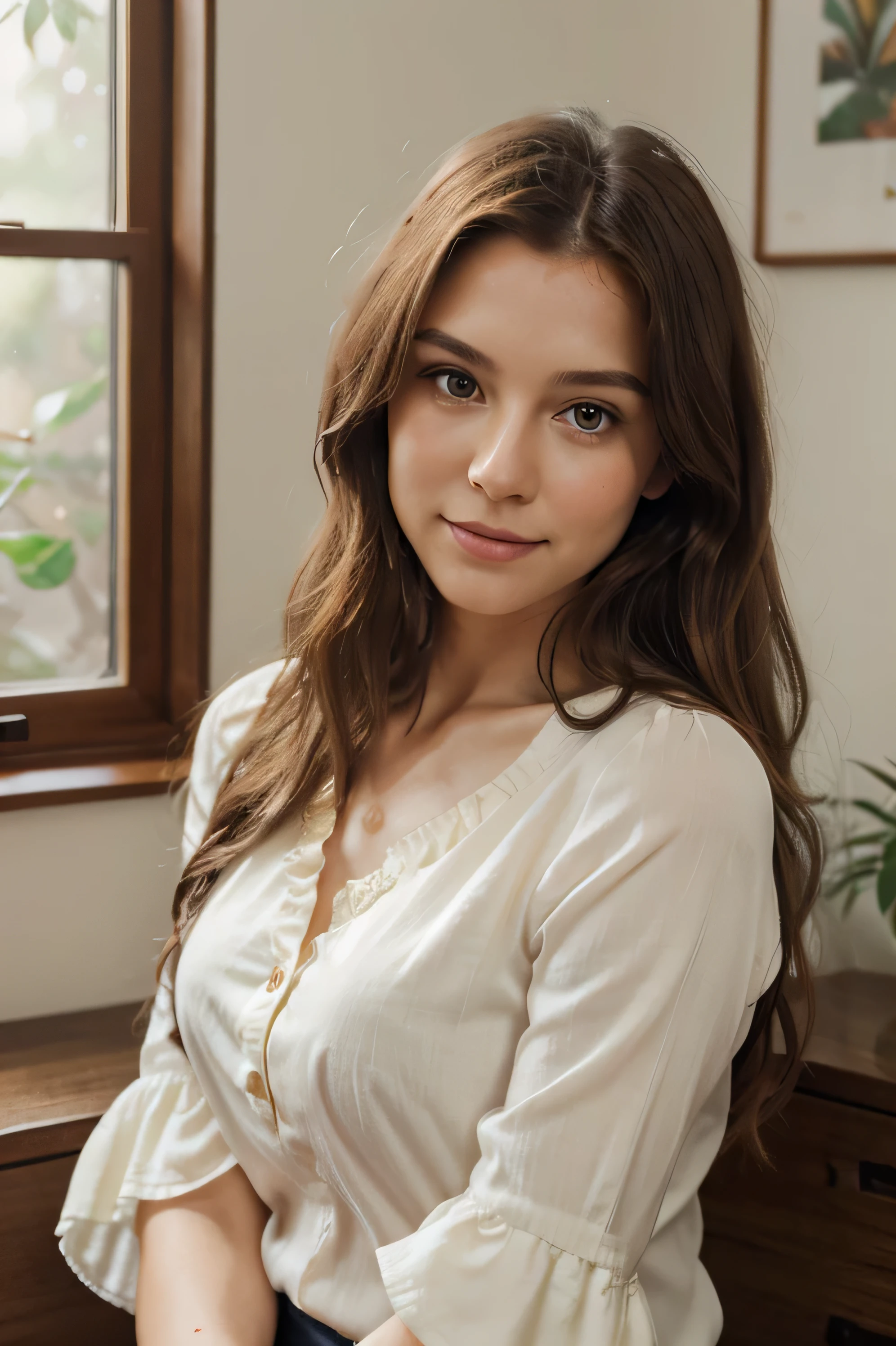 Realistic female half-length portrait, Woman with long brown curly hair, green eyes, and a gentle smile, Wearing a white shirt with ruffled sleeves, The environment is bright, simple studio,Features soft natural light, The atmosphere is peaceful and intimate, Capture the warm and approachable temperament of women, photography, a high-resolution DSLR,Equipped with soft focus lens,enhance intimacy, --with 1:1 --v 5.0 50 --s 2