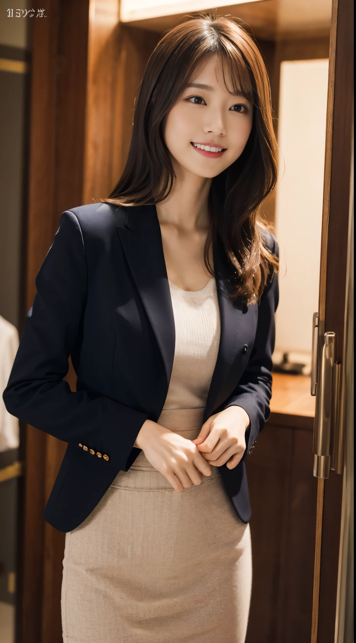 ultra best quality、in 8K、masuter piece、Professionally taken photos，​masterpiece，Japan at 25 years old ，The best smile，Looking away，Flashy makeup with red eyeshadow，Officelady，Medium chest，Slender body，Black Office Lady Suit（skirt type）、vertically curled brown hair、eye glass、Change clothes in the changing room、
