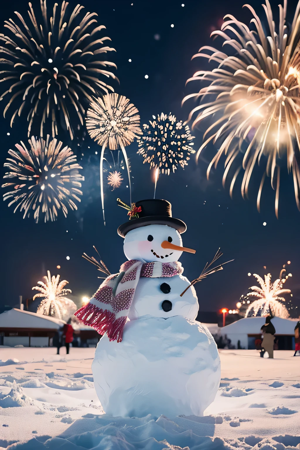New Year Greetings Snowman Fireworks Snow