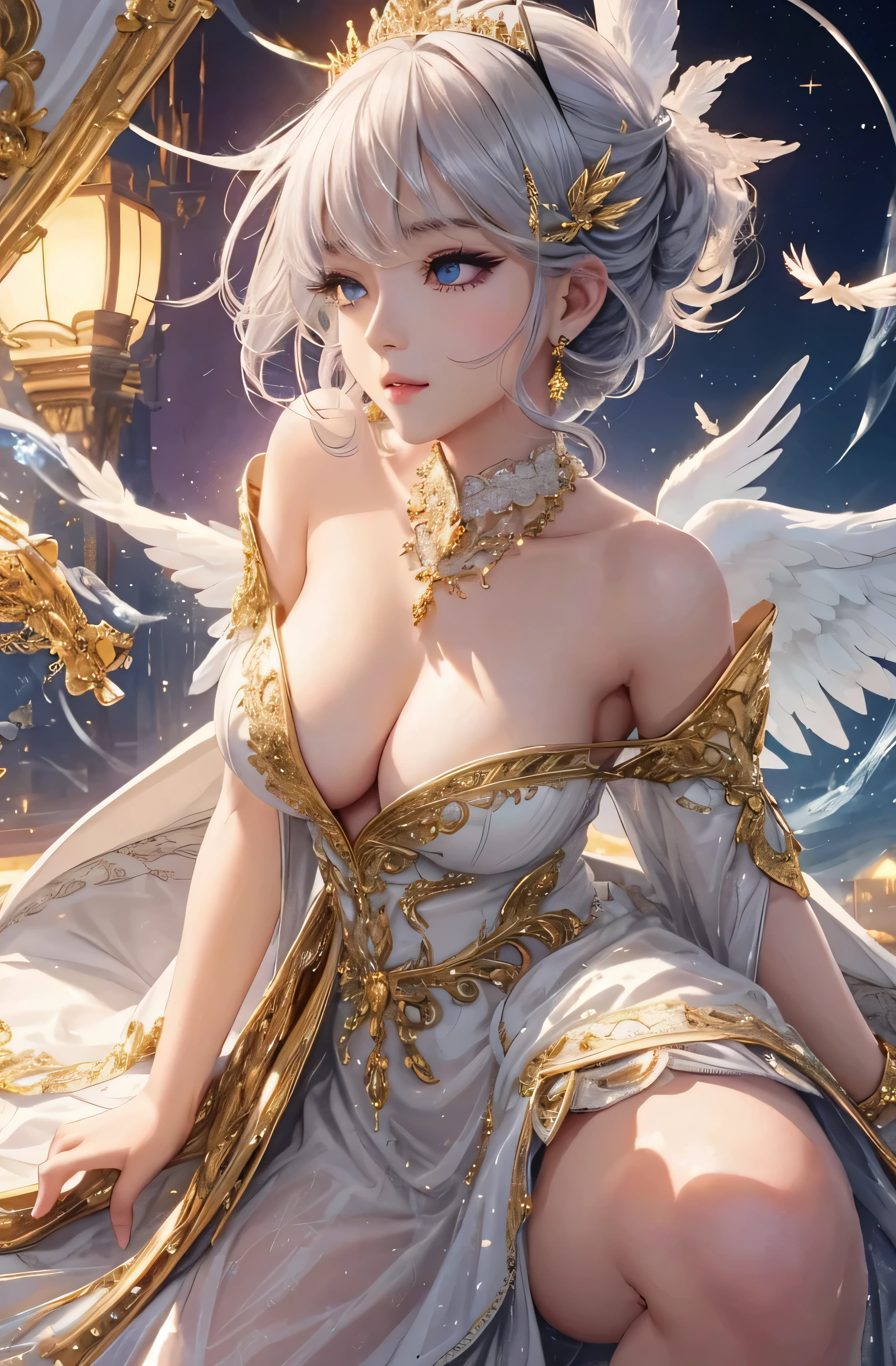 Castle in the distance、The face is front、Looking at the camera、profile、8K、realphoto、超A high resolution, Master Parts, Best Quality, nffsw , cinematic images,Lovely girl、ann、16 only、annグロサクソン、二重まぶた、drooing eyes、Very big eyes、Eyes purple、Dark eye shadow、The lips are very thin、The tip of the nose stretches beautifully..............、small nostrils,,,,, ighly detailed , Silver hair、Straight short hair、ssmile、 Sweet look 、a very beautiful woman、legs are long、 Very clear shadows , jewely , A detailed eye, very intricate, shiny skins , パーフェクトブリリannト, Perfect Lighting, Dramatic shadows、White tiara on head、Gold necklace around the neck、White aristocratic dress with gold embroidery、Glass High Heels、Angel White Wings