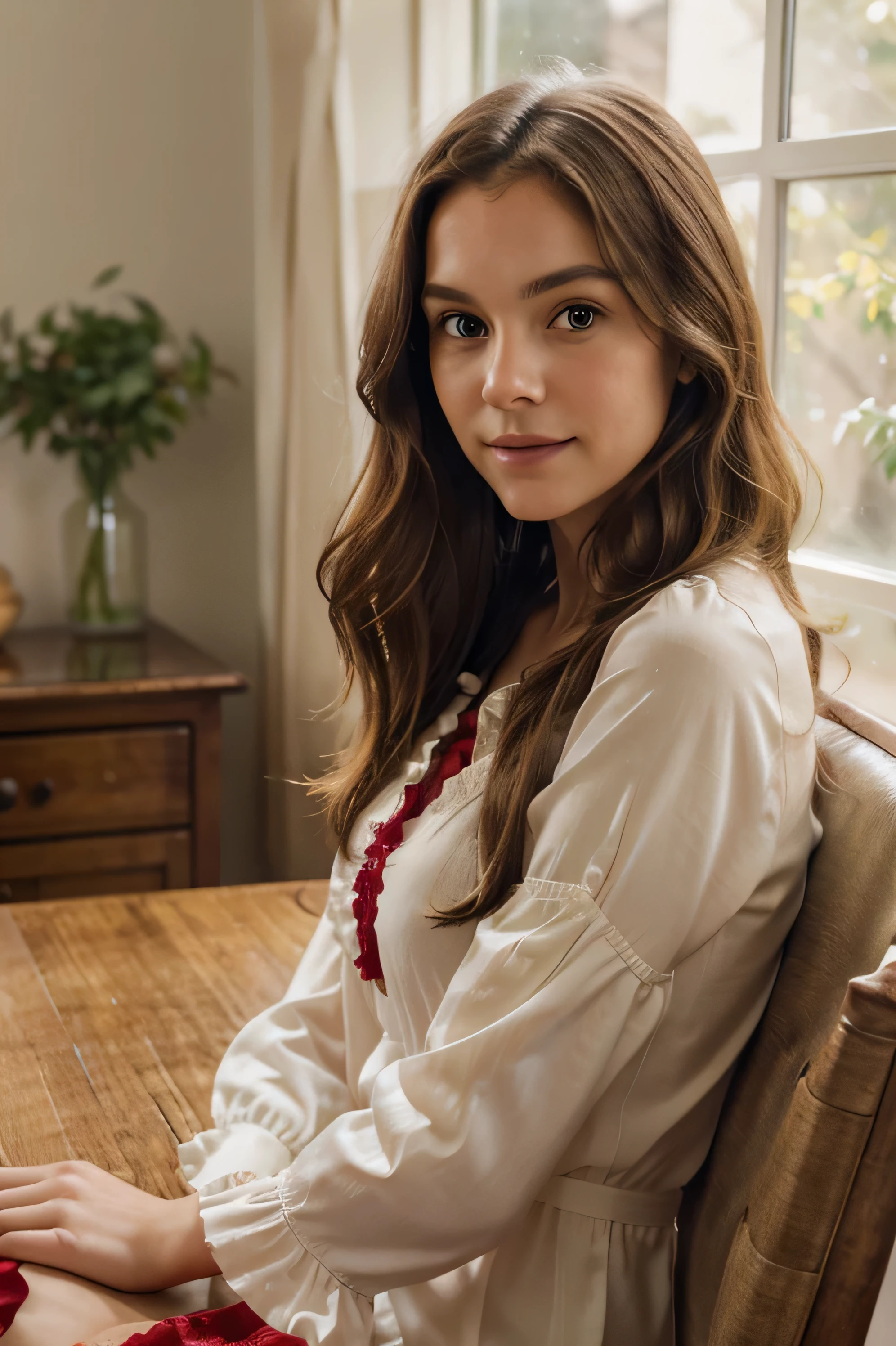 A realistic half-body portrait of a woman, A woman with long wavy brown hair, green eyes, and a gentle smile, wearing a red blouse with ruffled sleeves, The setting is a bright, minimalist studio with soft natural lighting, The atmosphere is serene and intimate, capturing the woman's warm and approachable demeanor, Photography, A high-resolution DSLR camera with a soft focus lens to enhance the intimate feel,