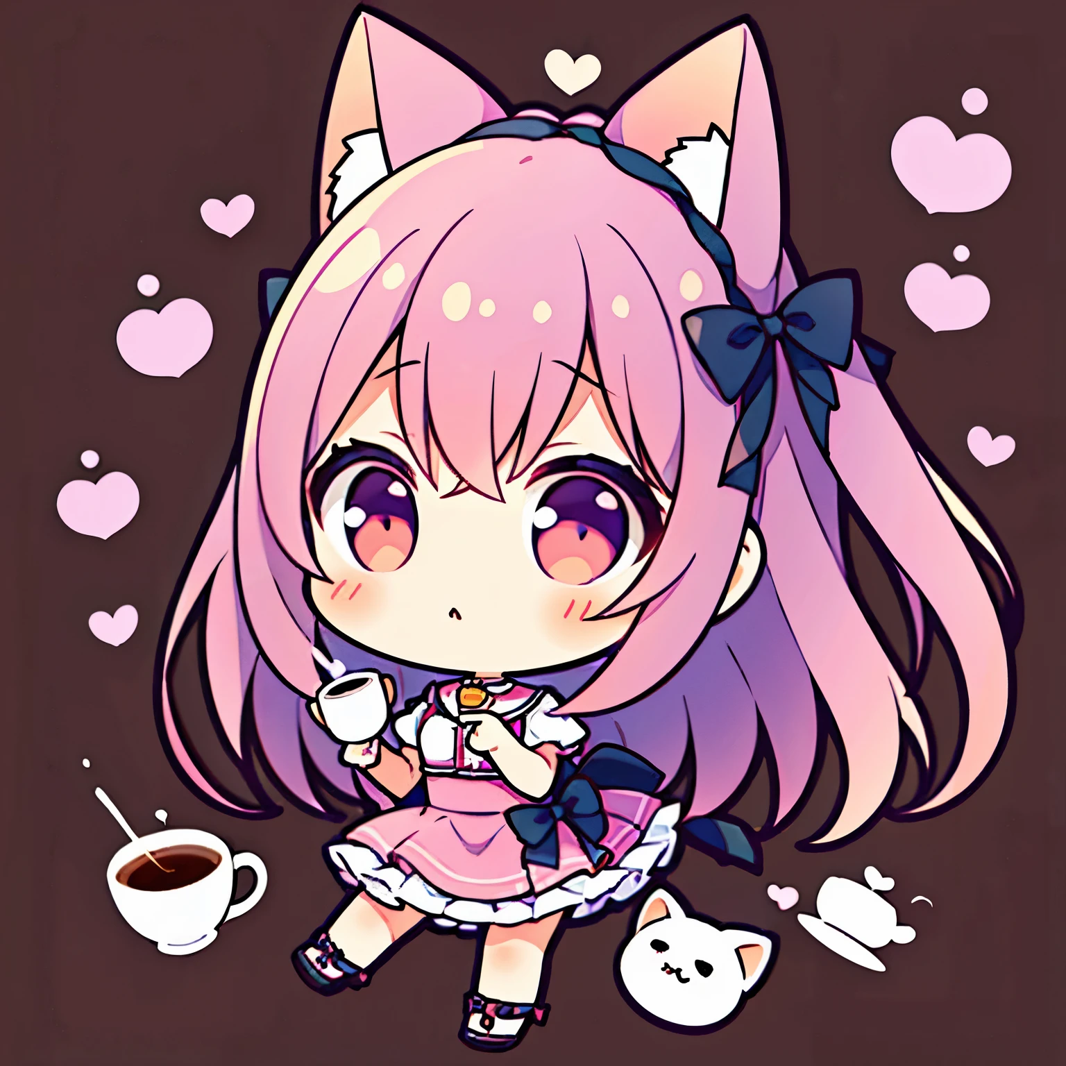 1girl, chibi, orejas de gato, beso, yuri, coffee mug, symmetrical pose, cola, frotar la cabeza, en taza, Speak heart, cabello largo y rosado, cabello color rosa , morado, violeta, rosa claro, rosa pastel