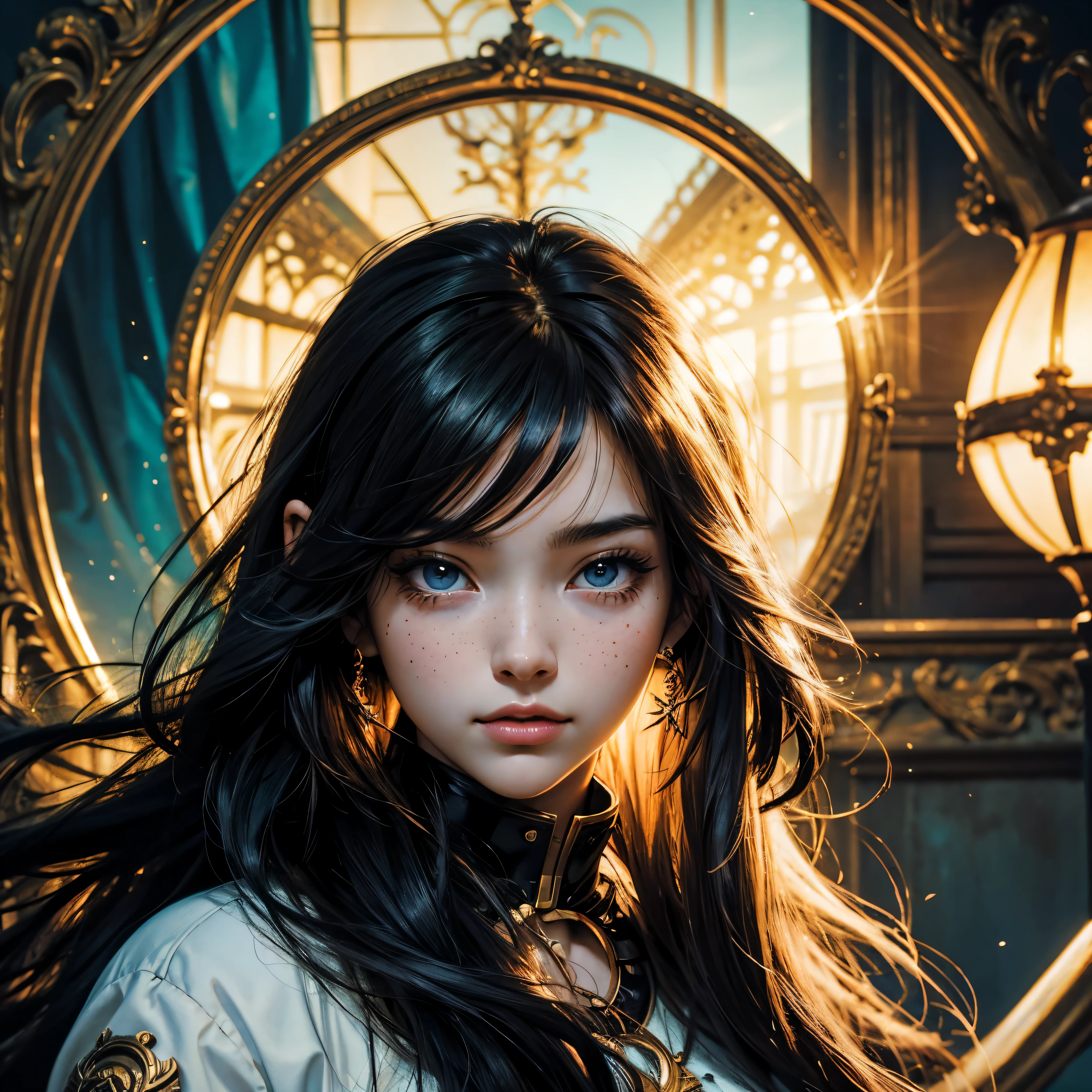 masterpiece, best quality, {best quality}, {{masterpiece}}, {highres}, focus, anime style, a closeup of a cartoon of a woman, girl design, portrait, giesha, anime image, long hair, black hair, straight eyes, hair covering ears, polished and powerful look, exotic, tall, freckles, cheerful, romantic clothing, colorful, colors